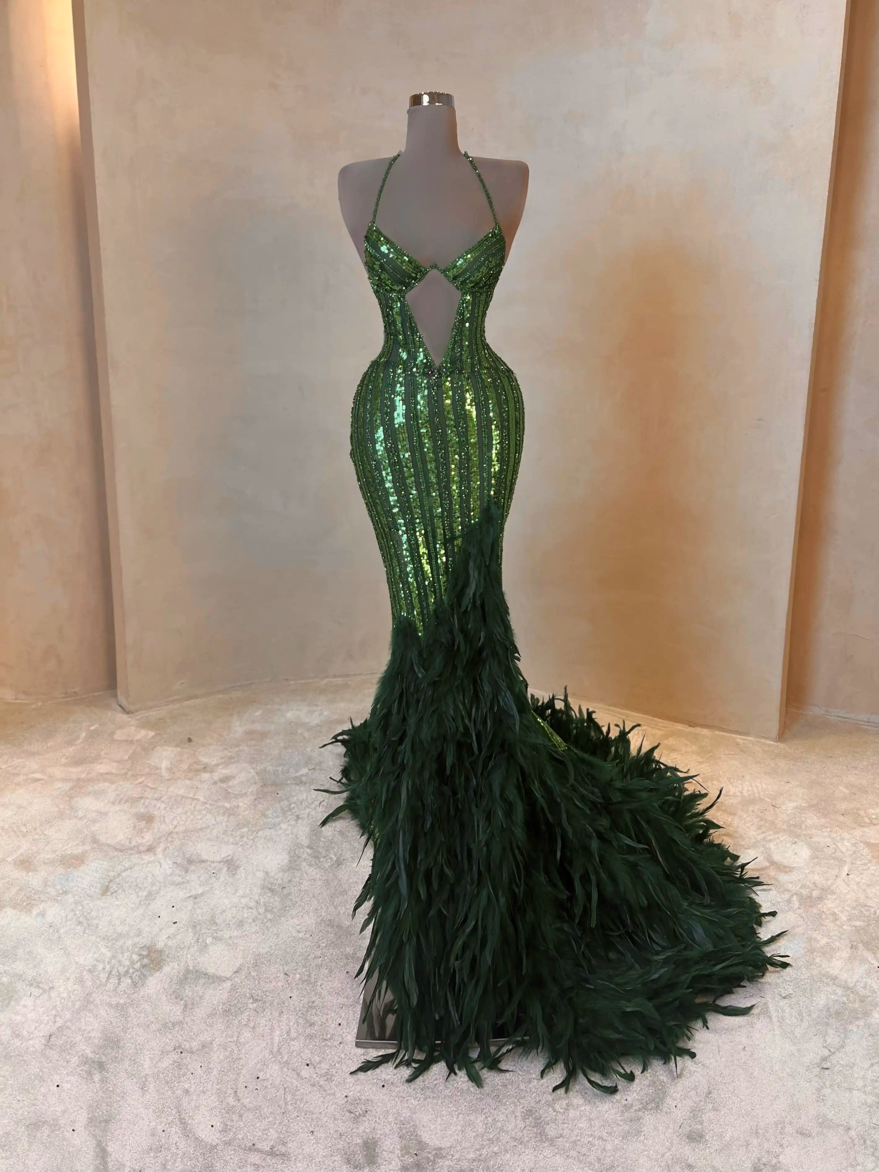 Emerald Sequin Feather Cape Gown Evening Dress 063 VALDRIN SAHITI Emerald Sequin Feather Cape Gown Evening Dress 063 VALDRIN SAHITI