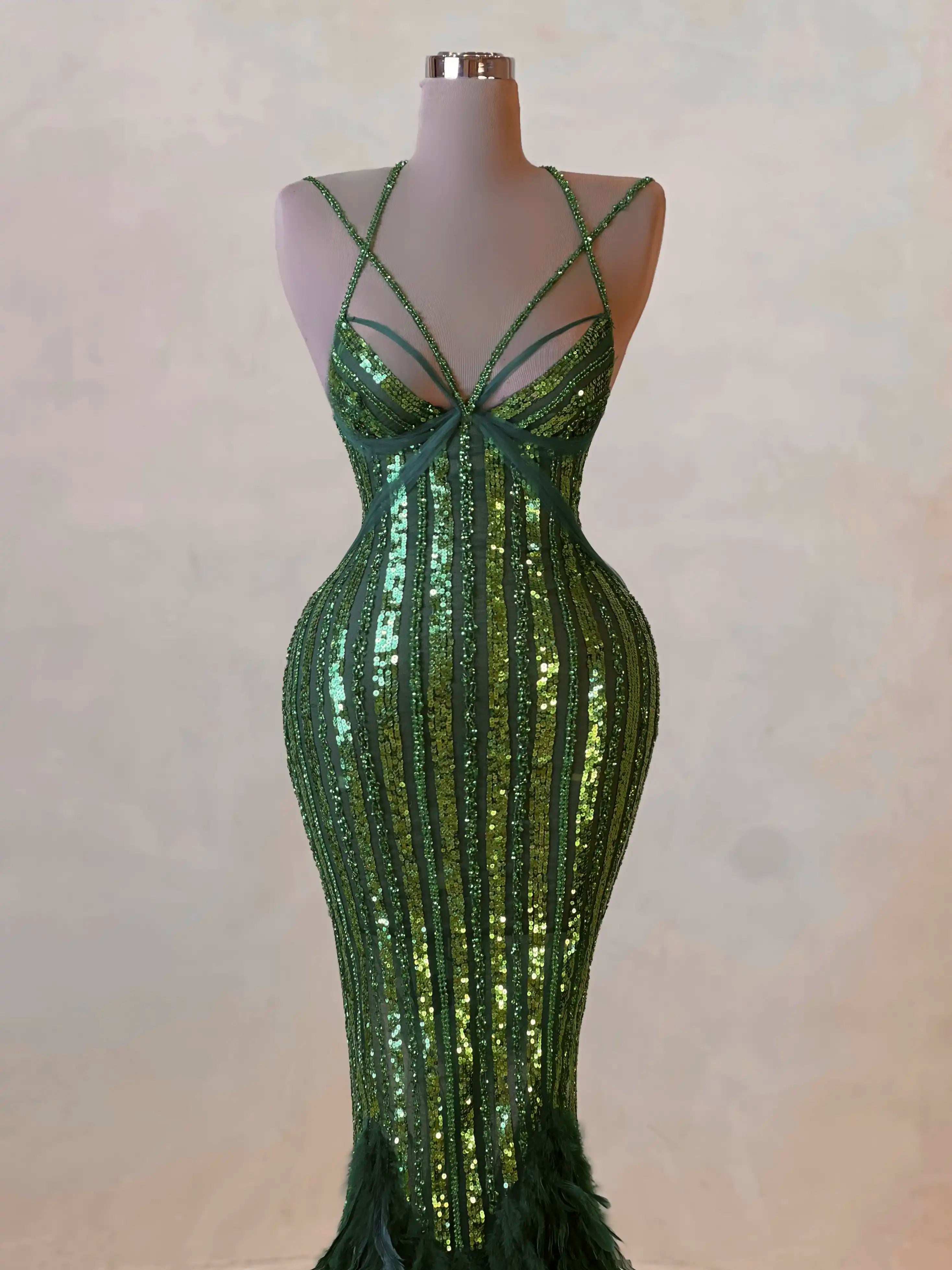 Emerald Sequin Feather Cape Gown Evening Dress 063 VALDRIN SAHITI Emerald Sequin Feather Cape Gown Evening Dress 063 VALDRIN SAHITI