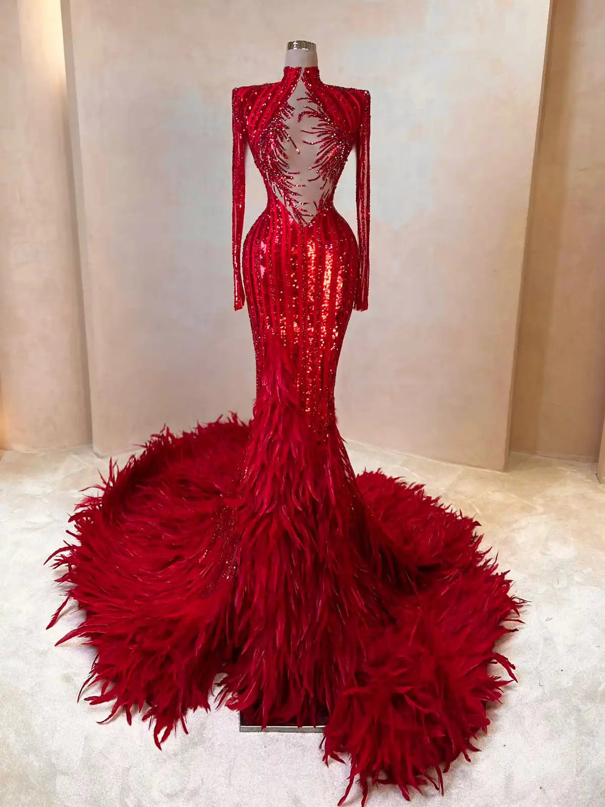 red sequin feather dress Dazzling Red Sequin and Feather Unique Mermaid Prom Dress