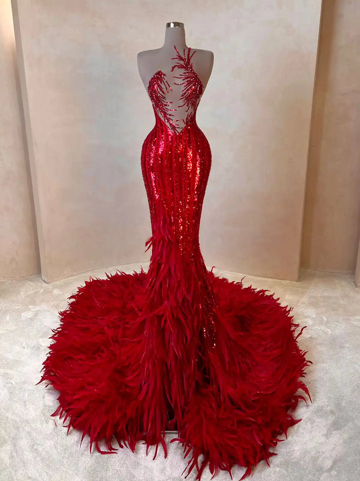Red Feathered Cape Sequin Gown – Evening Dress 064 – VALDRIN SAHITI