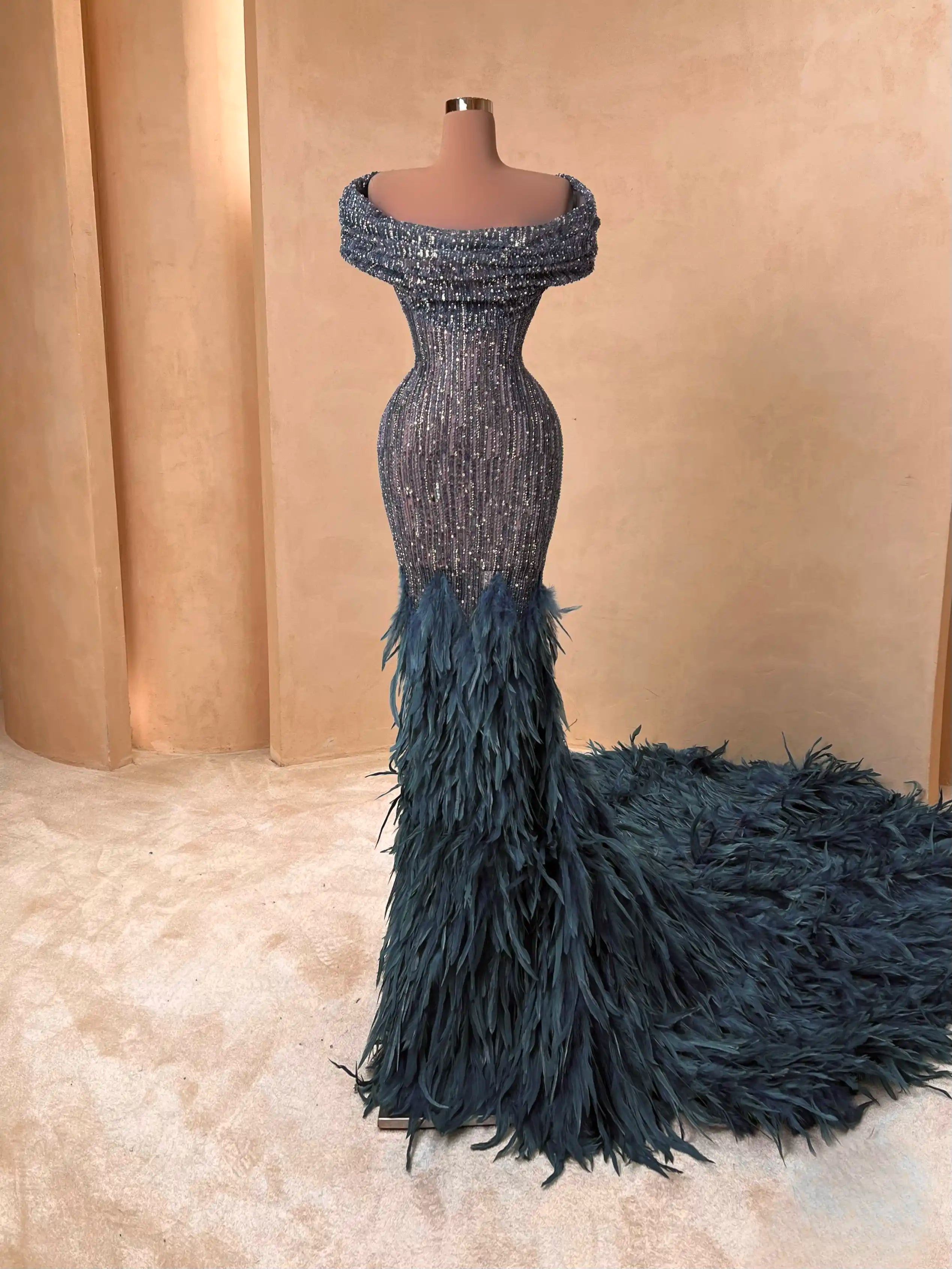 Metallic Gunmetal Feathered Mermaid Gown Evening Dress 065 VALDRIN SAHITI Metallic Gunmetal Feathered Mermaid Gown Evening Dress 065 VALDRIN SAHITI