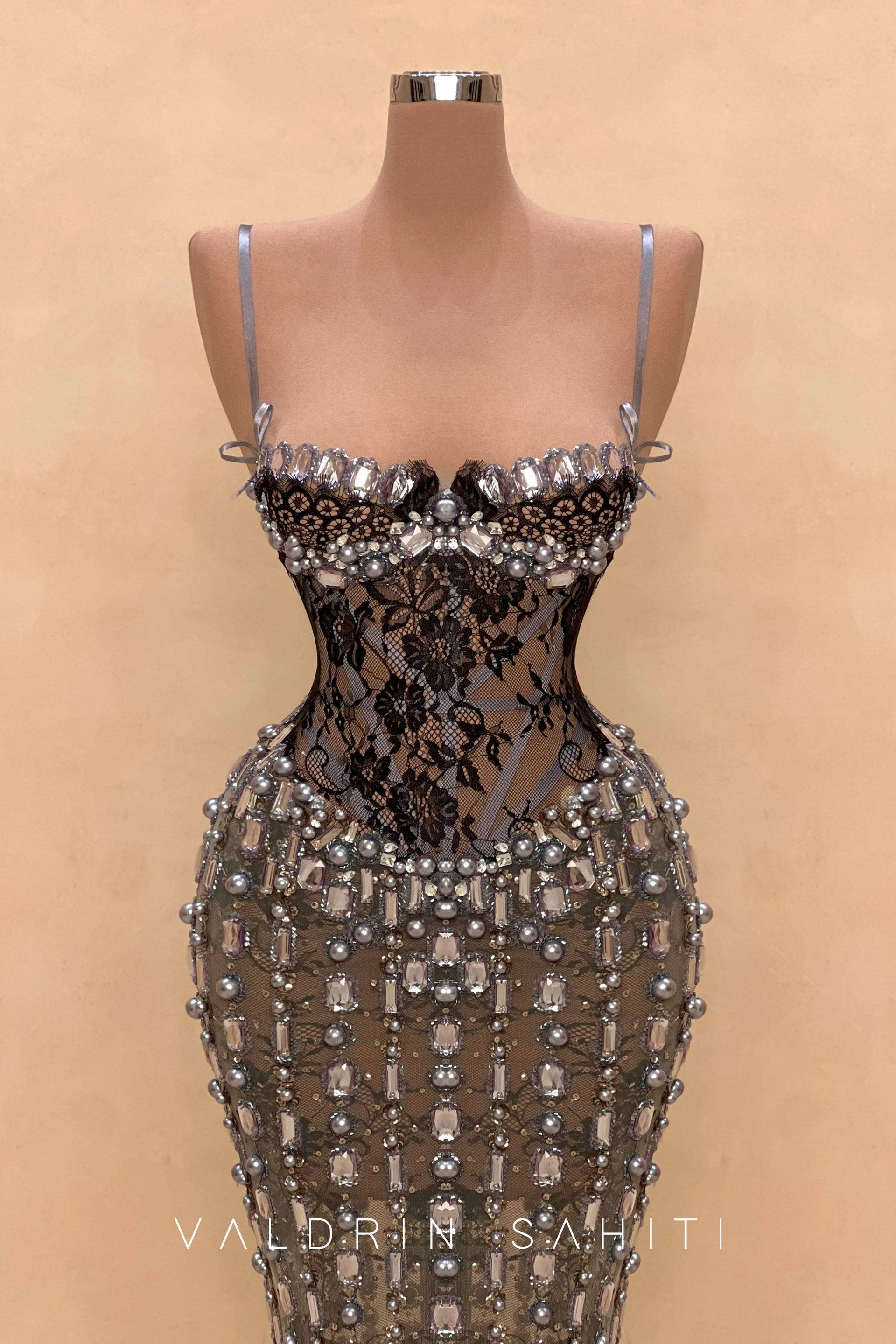 Black Lace Gown with Silver Crystals – Valdrin Sahiti – VALDRIN SAHITI