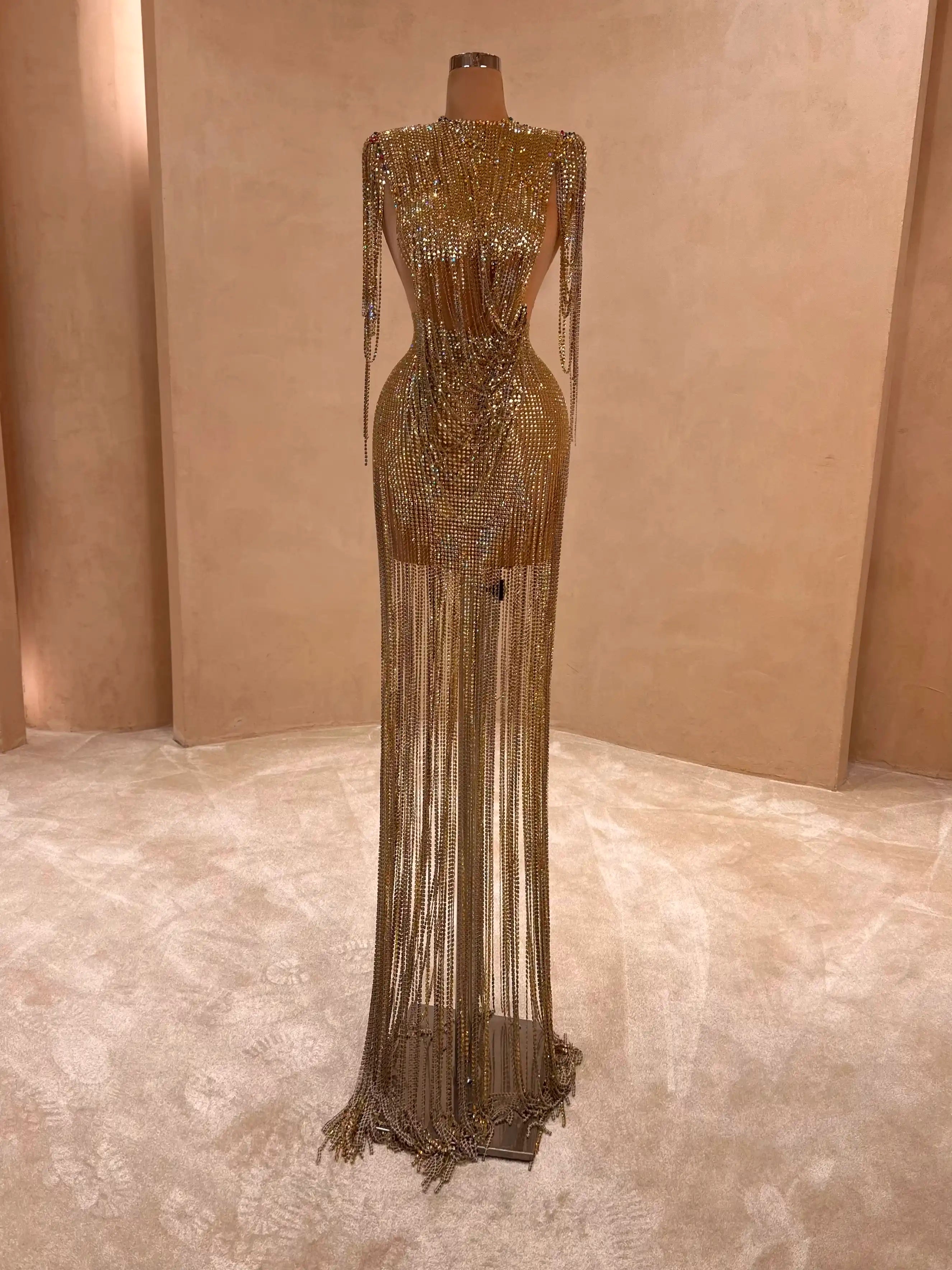 Gold Fringed Strapless Gown Evening Dress 067 VALDRIN SAHITI Gold Fringed Strapless Gown Evening Dress 067 VALDRIN SAHITI