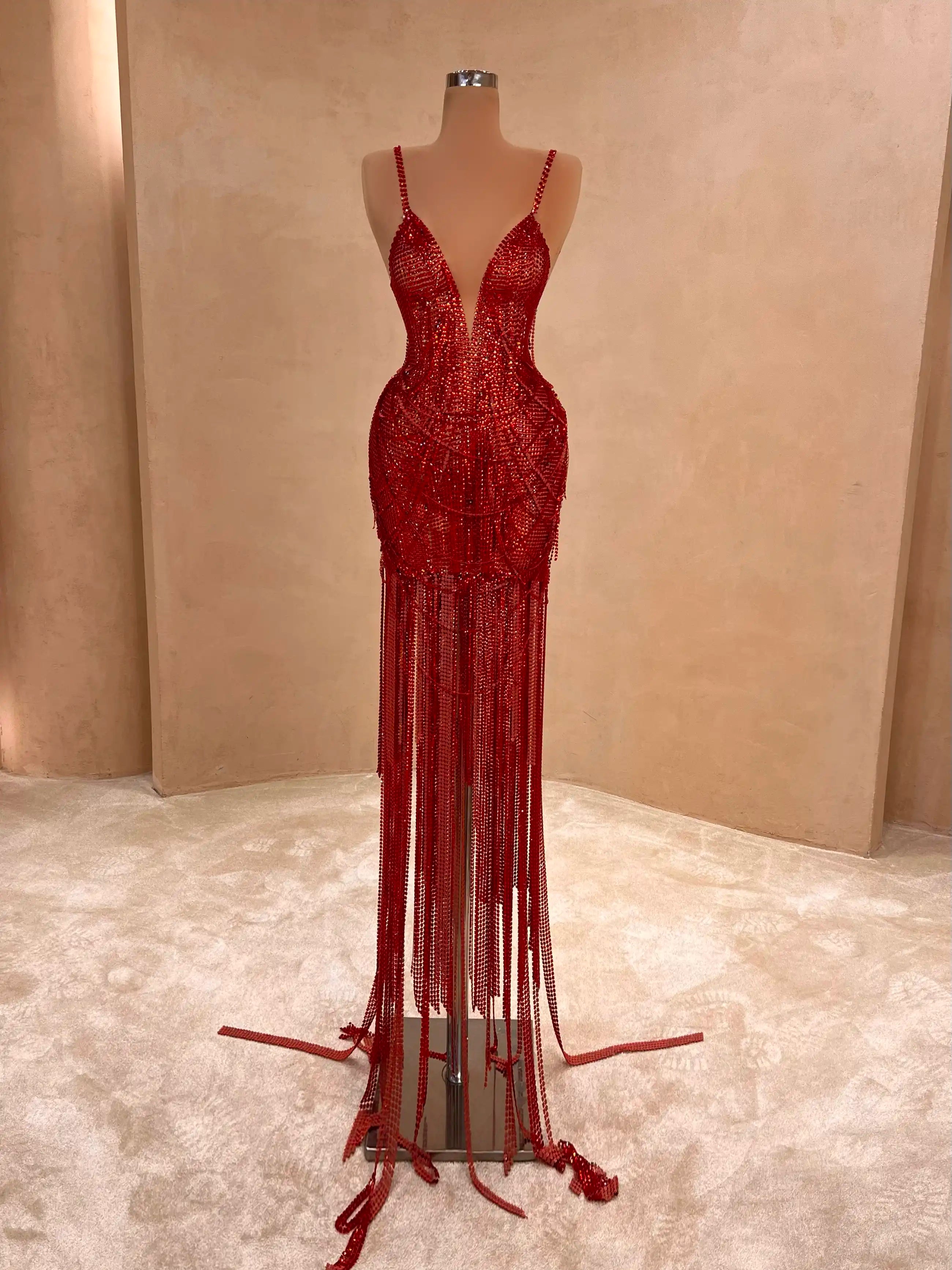 Red Fringe One-Shoulder Gown Evening Dress 071 VALDRIN SAHITI Red Fringe One-Shoulder Gown Evening Dress 071 VALDRIN SAHITI
