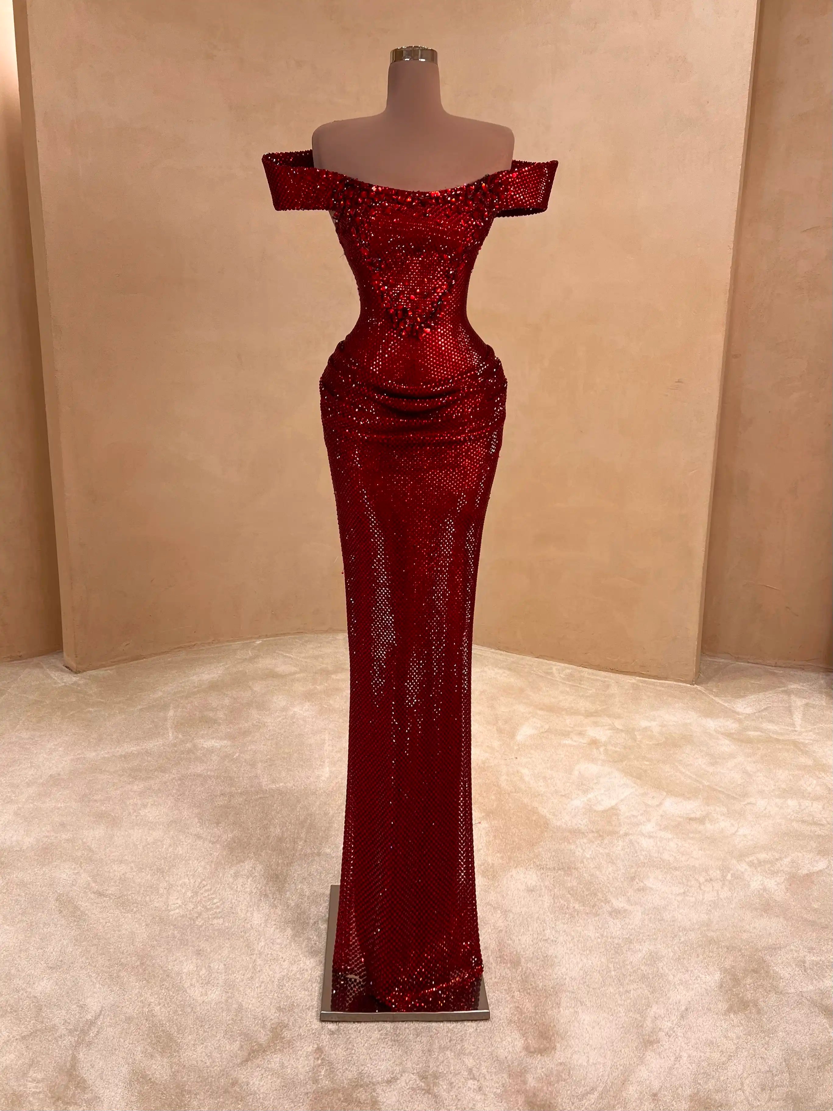 Off-Shoulder Red Sequin Gown Evening Dress 074 VALDRIN SAHITI Off-Shoulder Red Sequin Gown Evening Dress 074 VALDRIN SAHITI