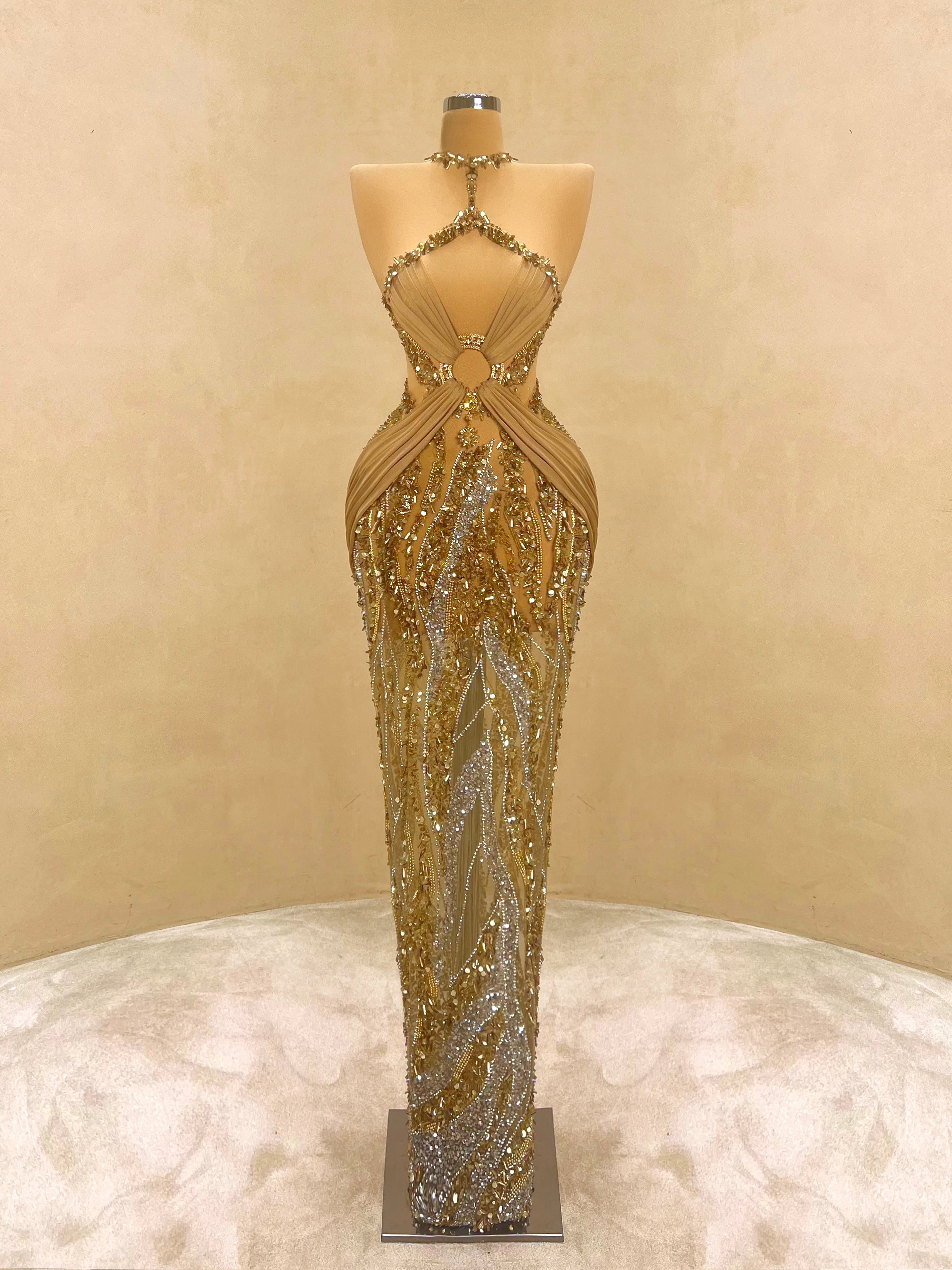 Golden Hand-Beaded Halter Evening Gown with Cape | Valdrin Sahiti VALDRIN SAHITI Golden Hand-Beaded Halter Evening Gown with Cape | Valdrin Sahiti VALDRIN SAHITI