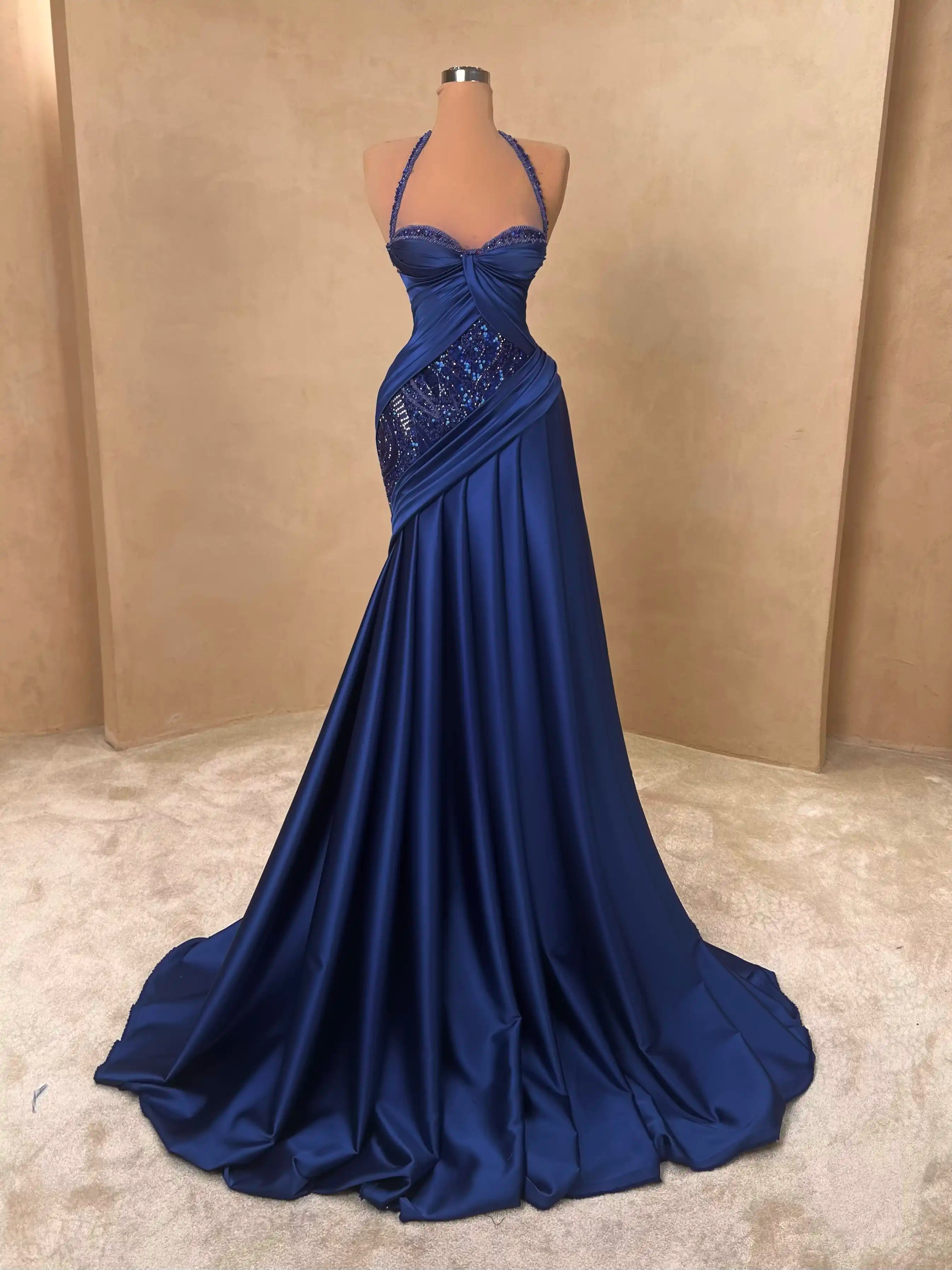 Blue Satin Strapless Slit Gown with Draping VALDRIN SAHITI Blue Satin Strapless Slit Gown with Draping VALDRIN SAHITI