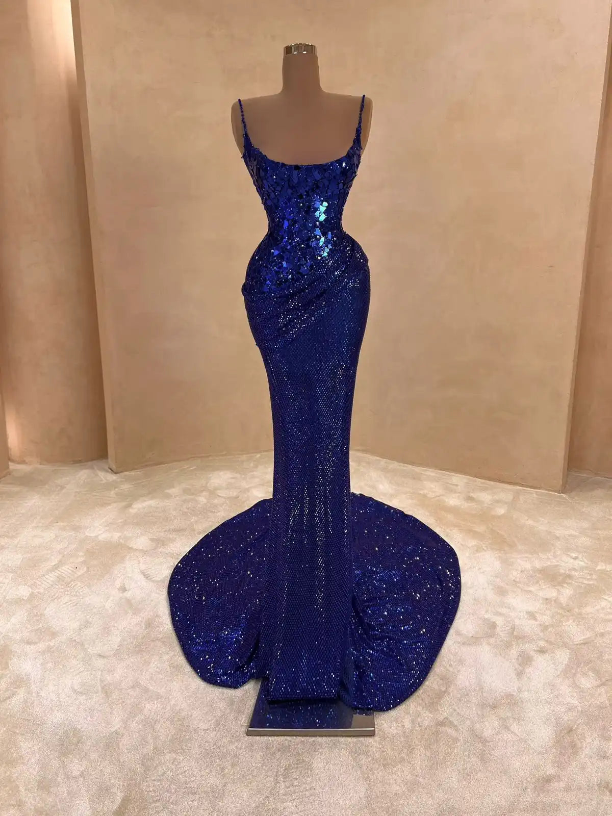 valdrin sahiti blue dress Royal Crystal Shimmering Evening Gown Model 2 Formal gowns Size:16-16W FW22 A Line Square Neck elegant slit