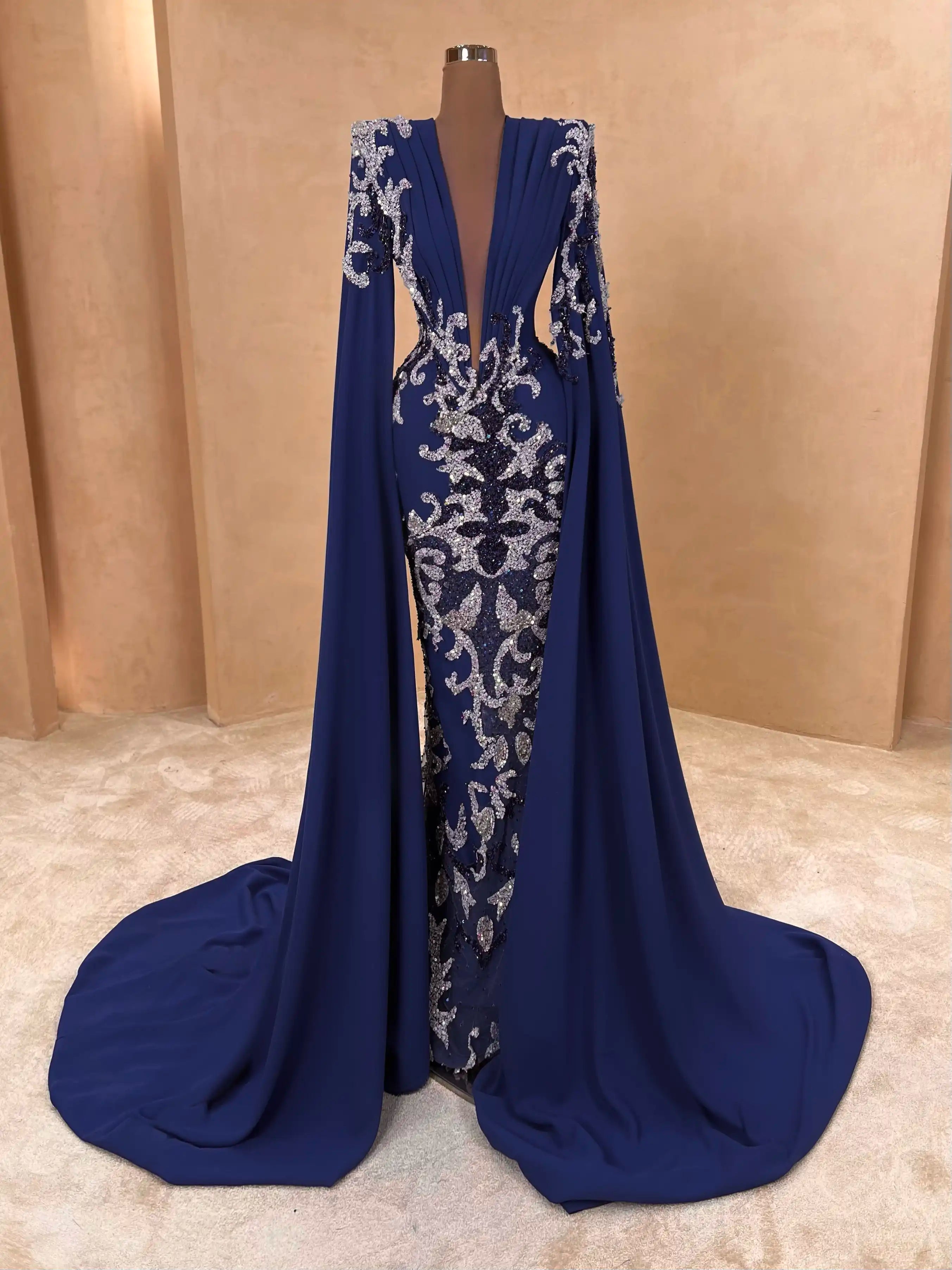 Navy Embroidered Gown with Silver Cape Sleeves VALDRIN SAHITI Navy Embroidered Gown with Silver Cape Sleeves VALDRIN SAHITI