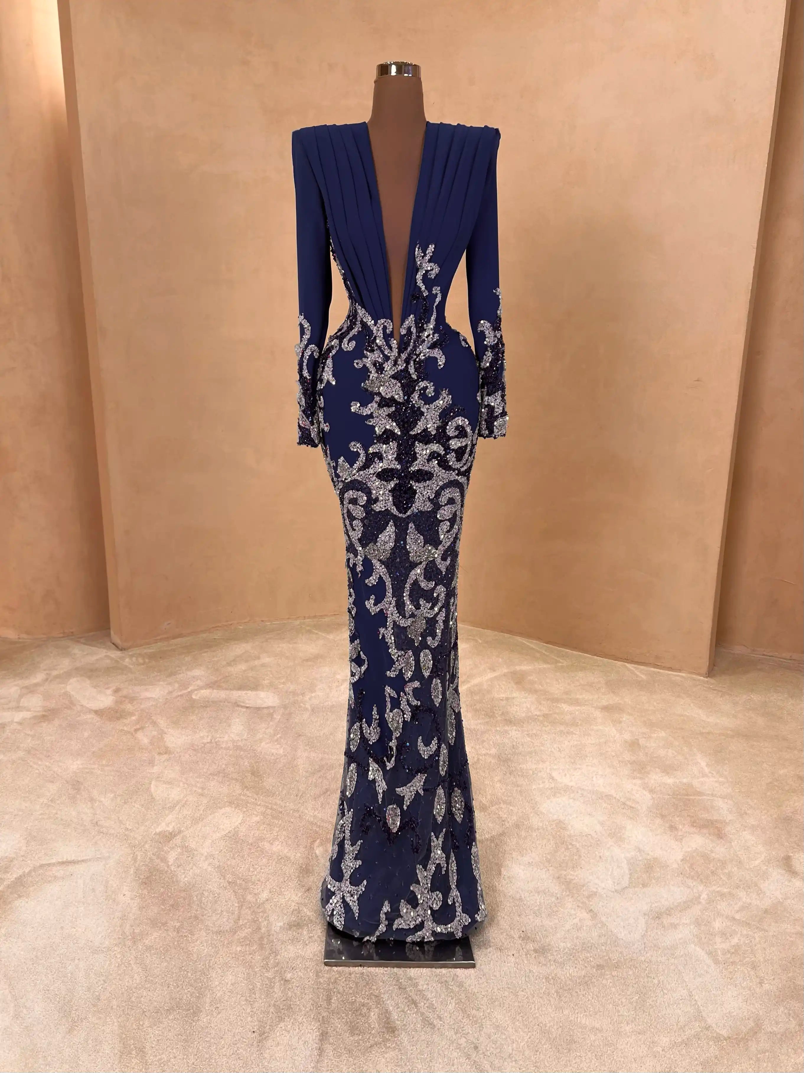Navy Embroidered Gown with Silver Cape Sleeves VALDRIN SAHITI Navy Embroidered Gown with Silver Cape Sleeves VALDRIN SAHITI
