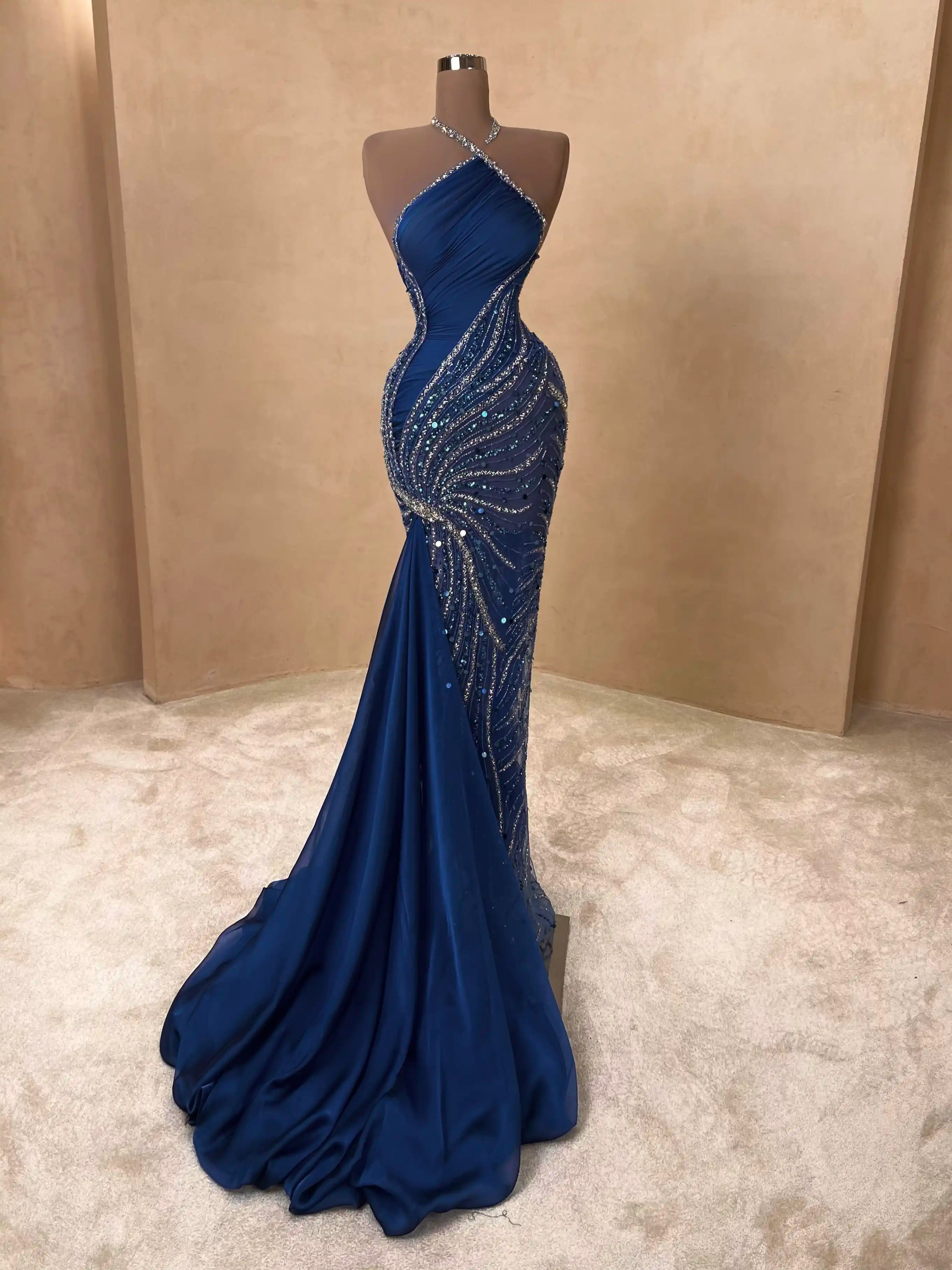 valdrin sahiti blue dress Black Illusion Gown with Navy Velvet Embroidery