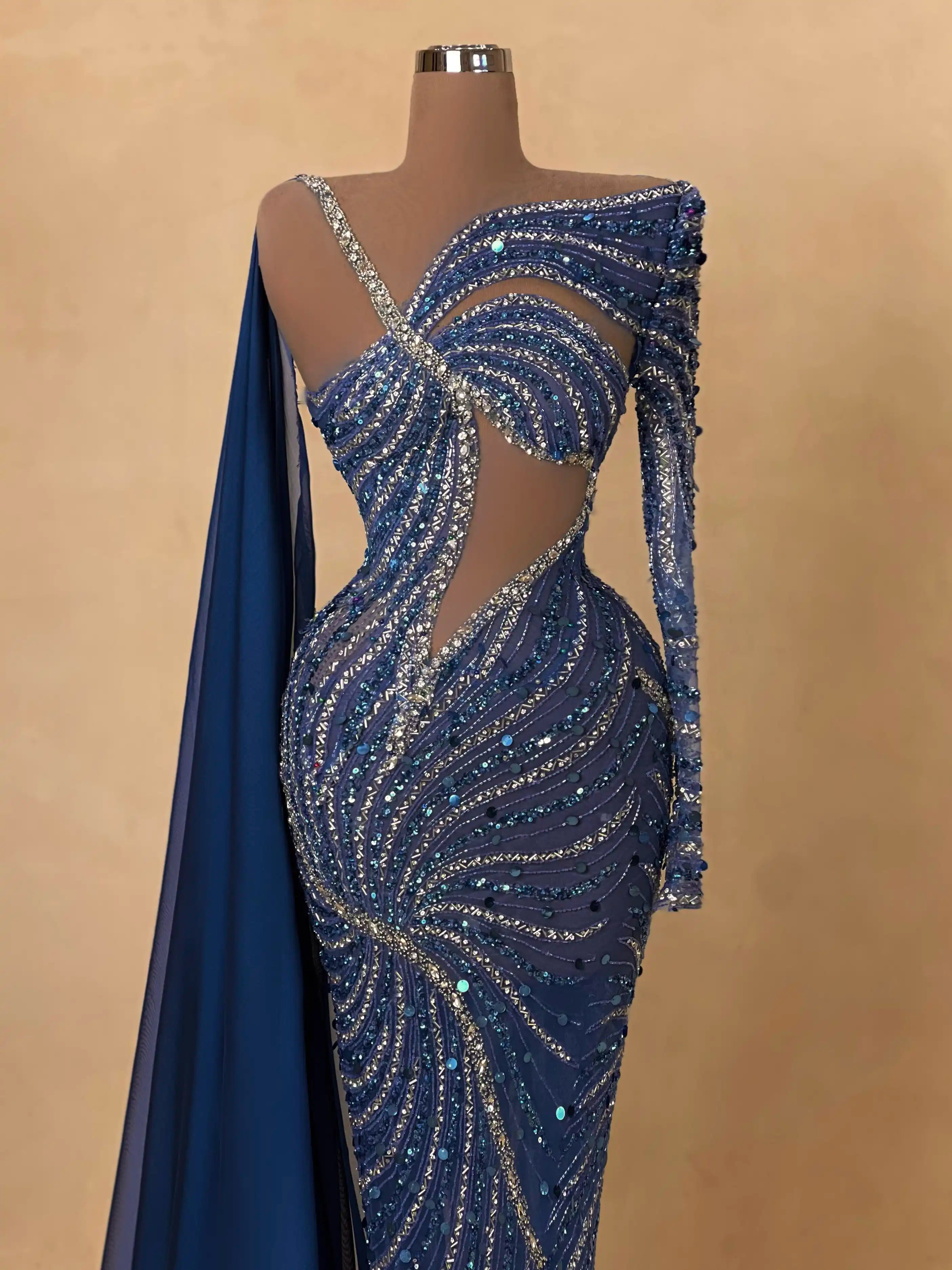 Midnight Blue One-Shoulder Beaded Gown VALDRIN SAHITI Midnight Blue One-Shoulder Beaded Gown VALDRIN SAHITI
