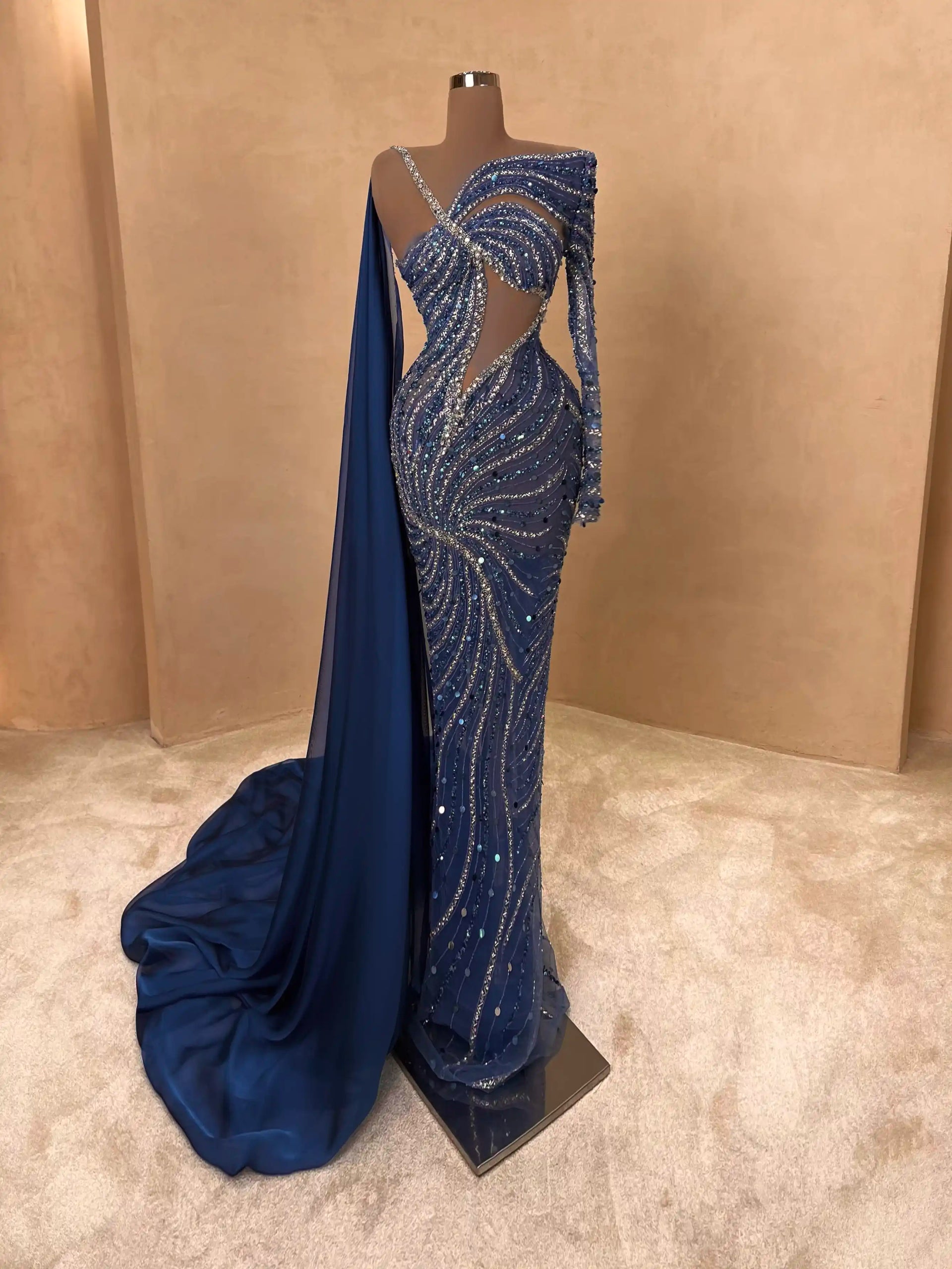 Midnight Blue One-Shoulder Beaded Gown – VALDRIN SAHITI