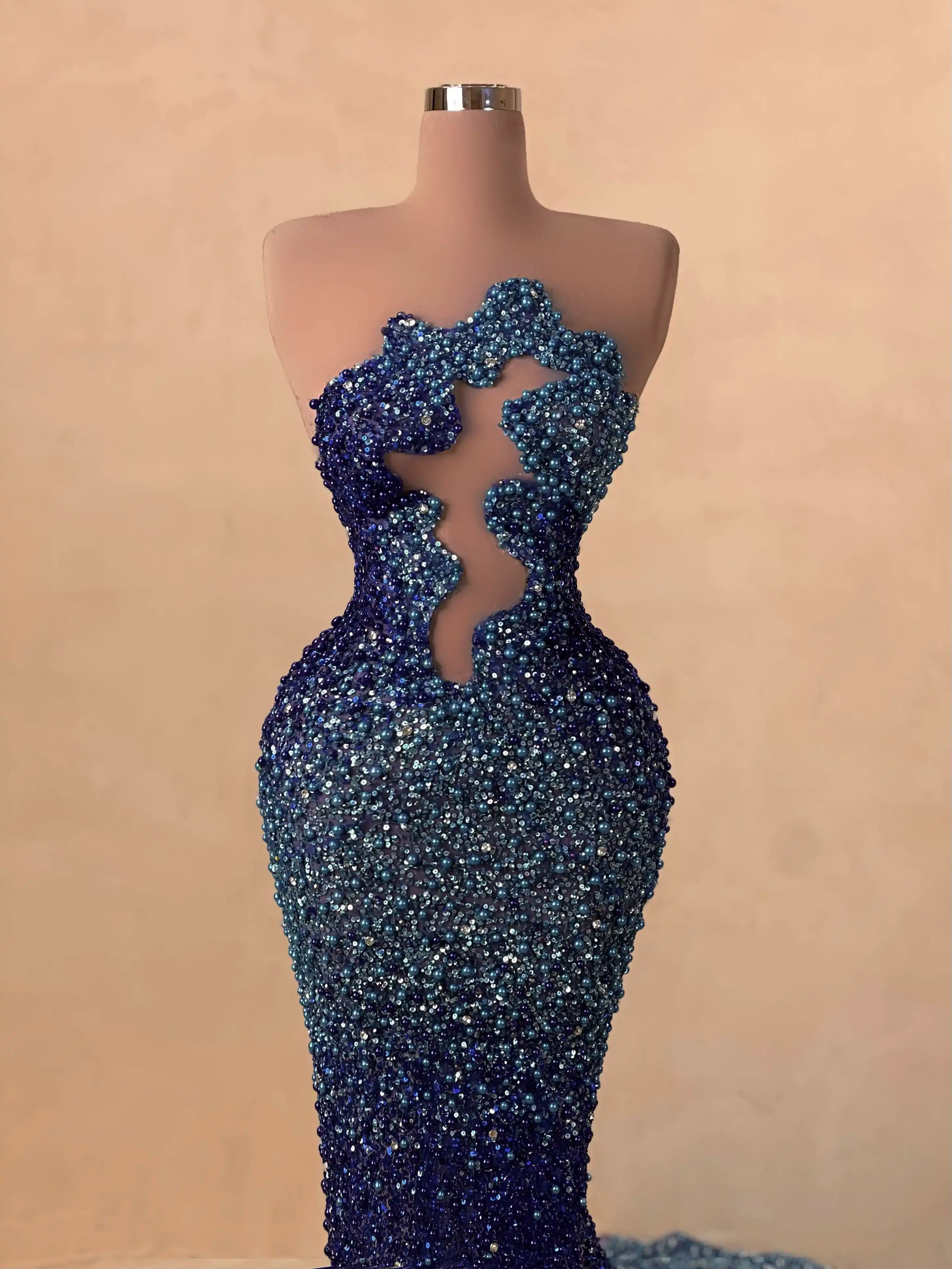 Sapphire Beaded Bustier Evening Gown VALDRIN SAHITI Sapphire Beaded Bustier Evening Gown VALDRIN SAHITI