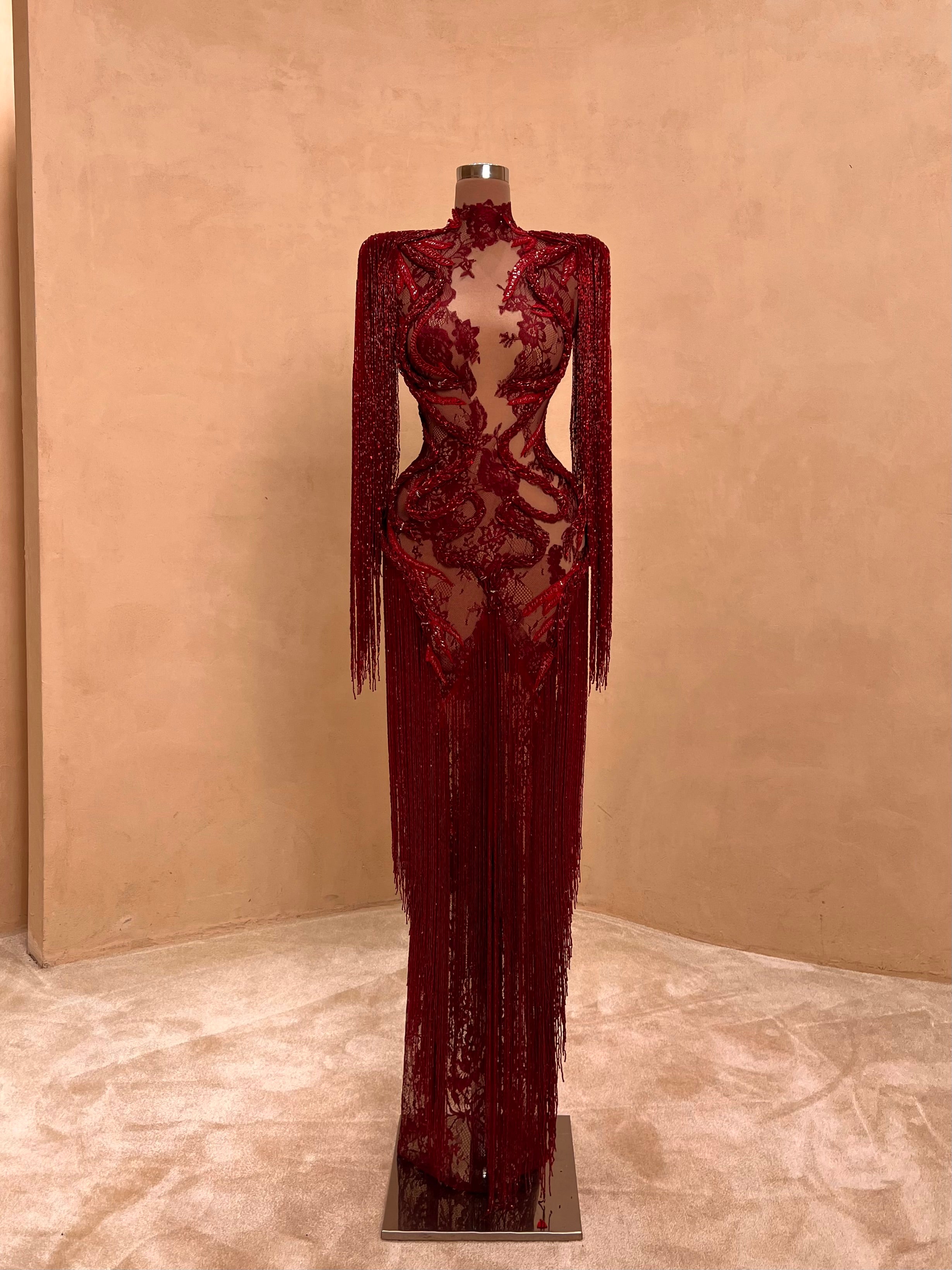 Red Lace Dragon Embroidery Gown with Fringe Sleeves Valdrin Sahiti VALDRIN SAHITI Red Lace Dragon Embroidery Gown with Fringe Sleeves Valdrin Sahiti VALDRIN SAHITI