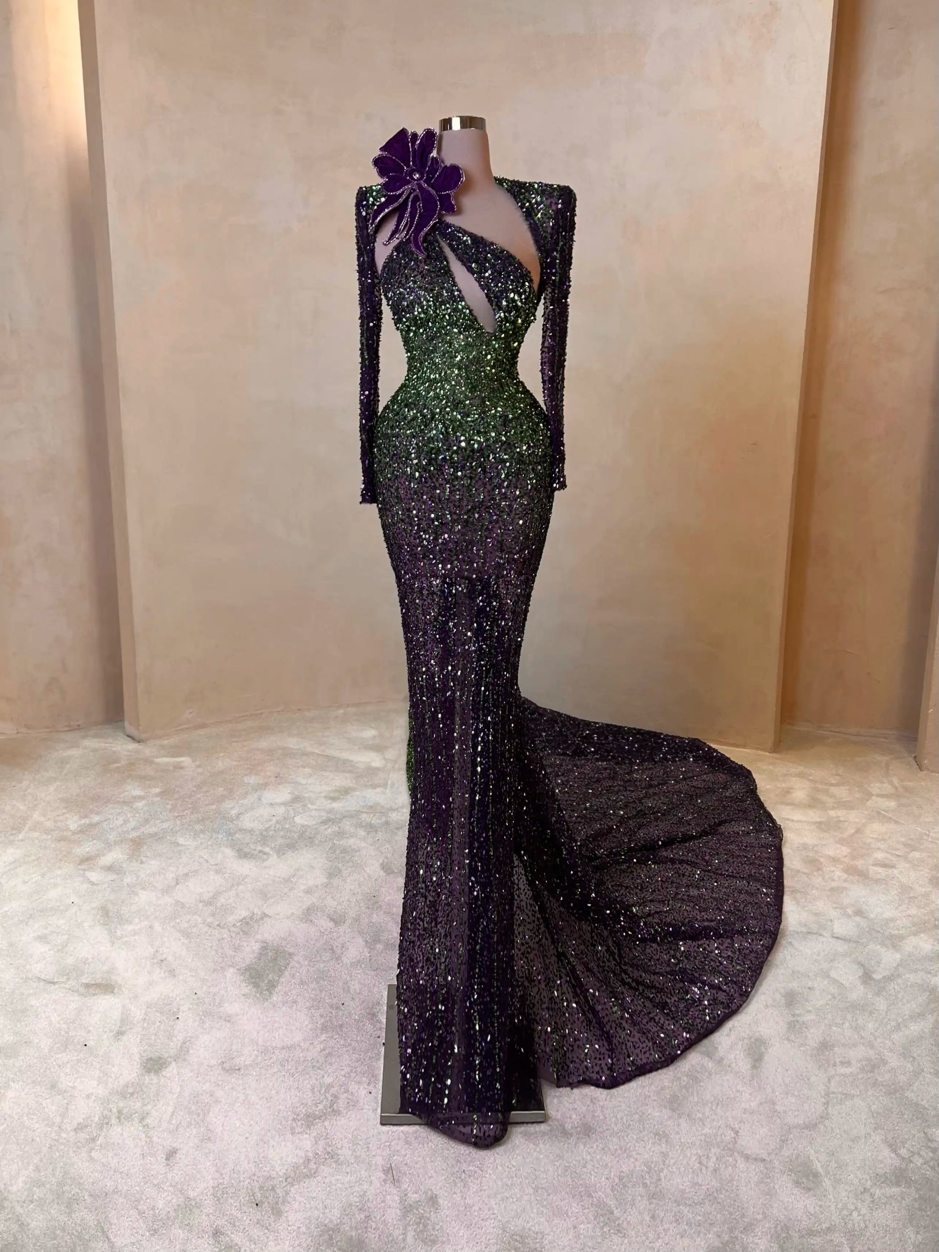 Green & Purple Beaded Gown with Crystal Accents – VALDRIN SAHITI