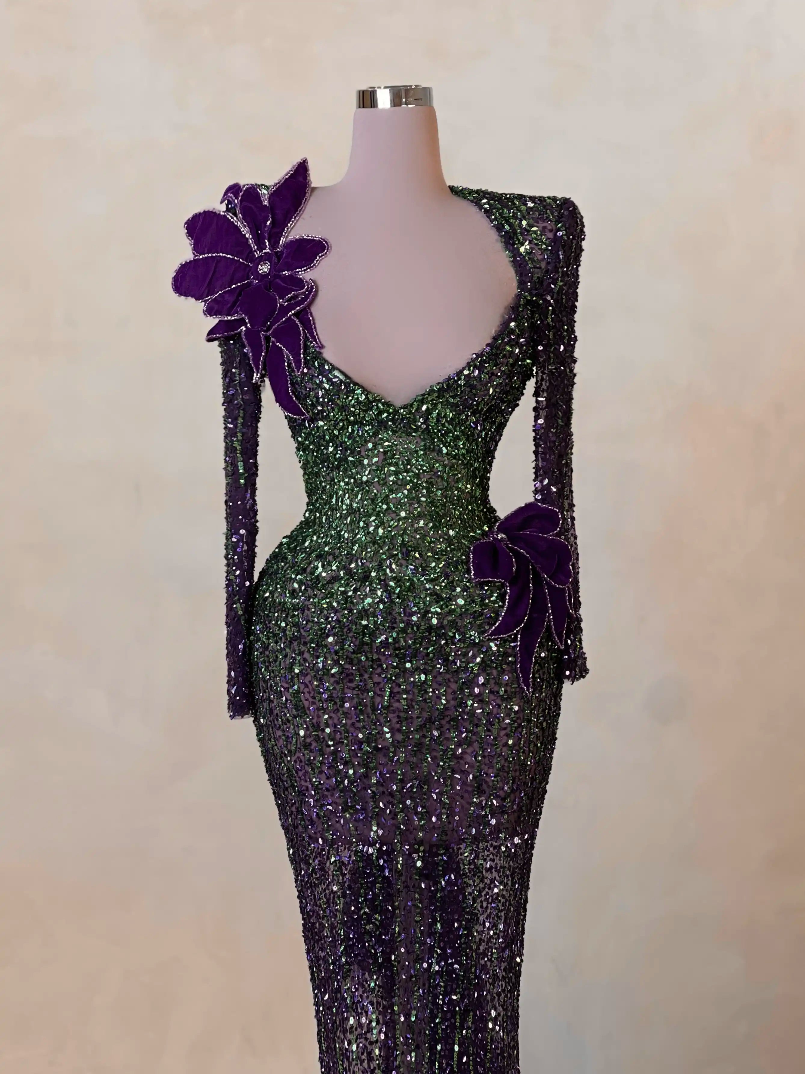 Green & Purple Beaded Gown with Crystal Accents VALDRIN SAHITI Green & Purple Beaded Gown with Crystal Accents VALDRIN SAHITI