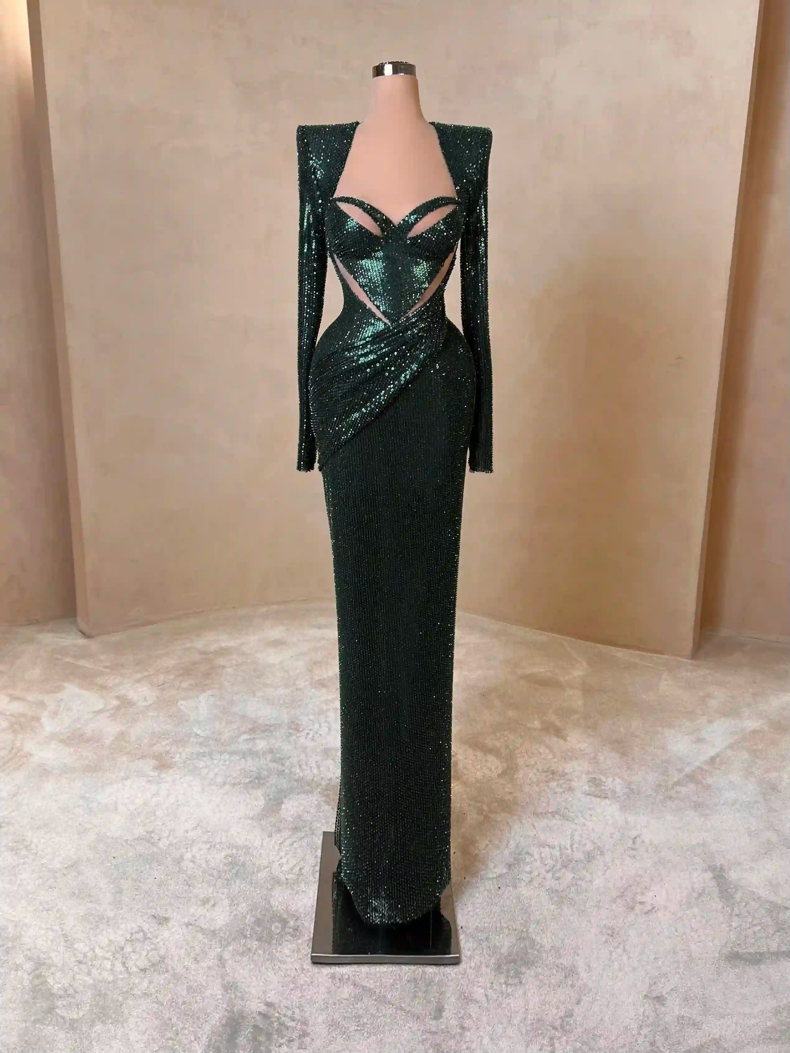 Emerald Green Sequin Gown with Crisscross Bodice VALDRIN SAHITI Emerald Green Sequin Gown with Crisscross Bodice VALDRIN SAHITI