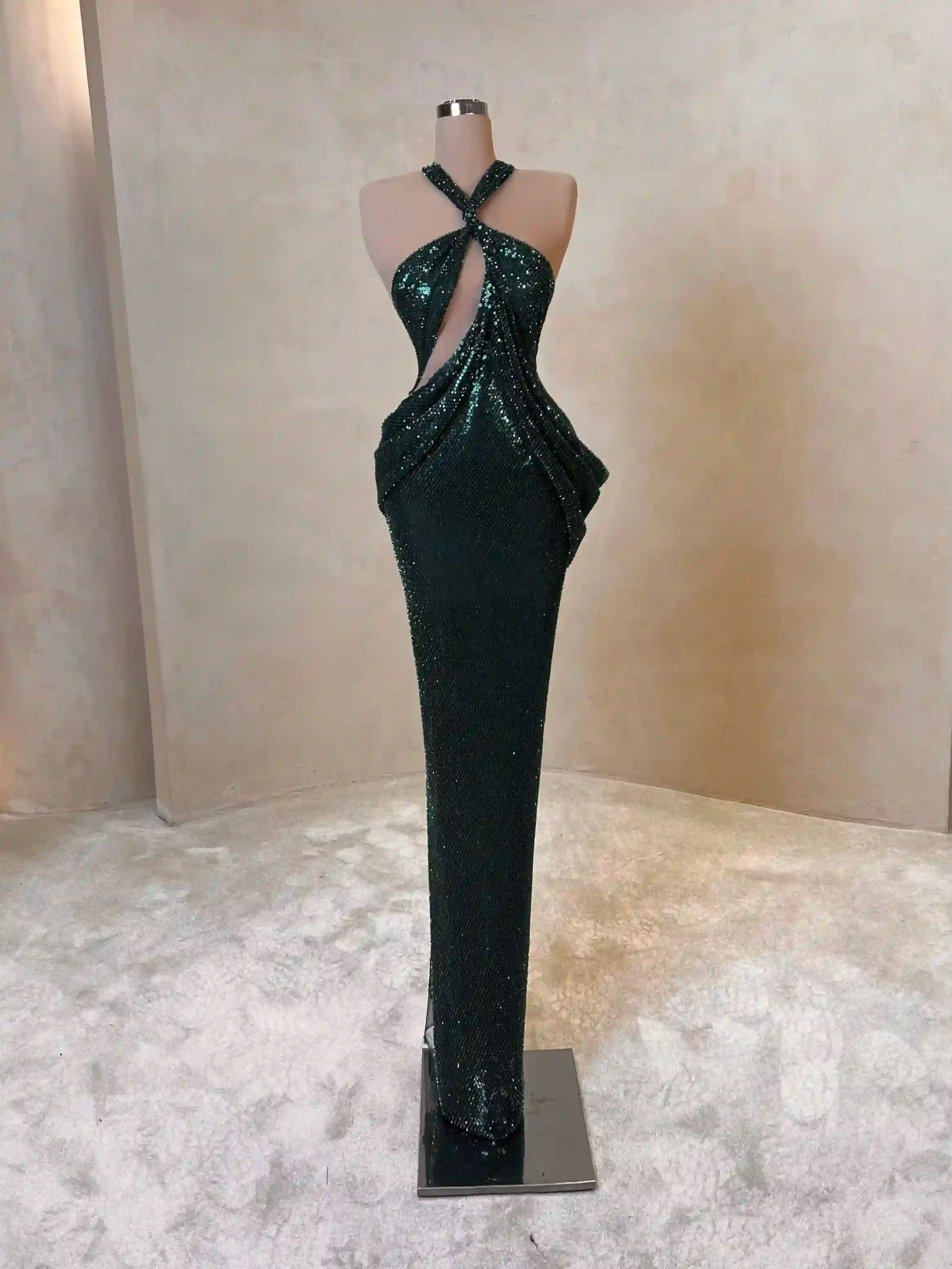 Emerald Green Sequin Gown with Crisscross Bodice VALDRIN SAHITI Emerald Green Sequin Gown with Crisscross Bodice VALDRIN SAHITI