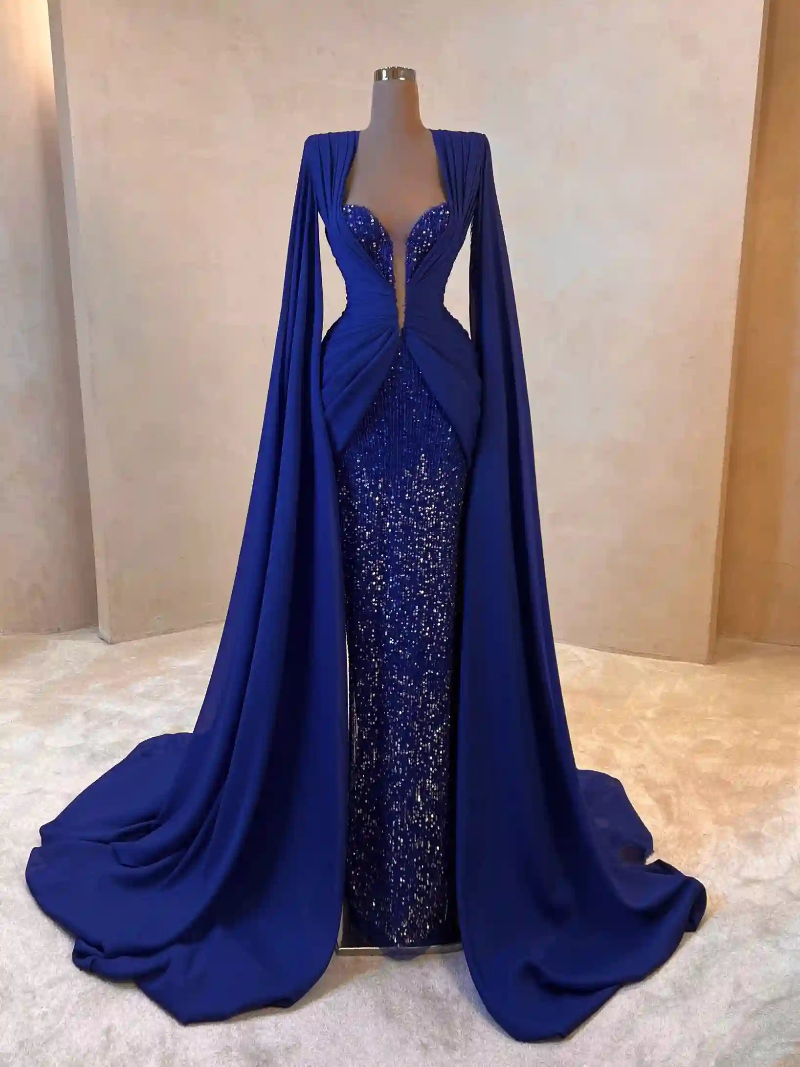 elegant royal blue dresses Royal Blue Sequin One-Shoulder Gown with Cape – VALDRIN SAHITI