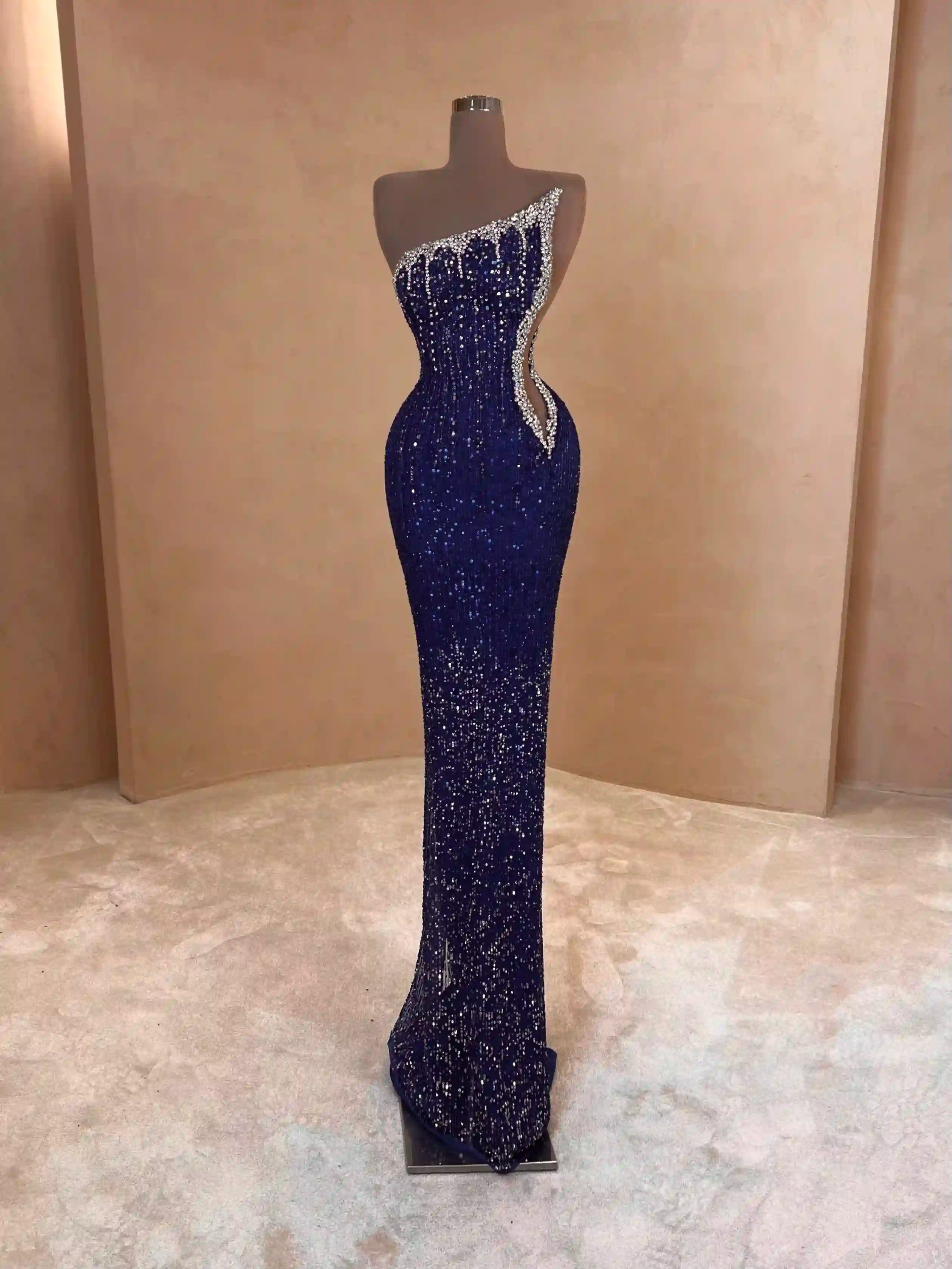 Royal Blue Sequin One-Shoulder Gown with Cape VALDRIN SAHITI Royal Blue Sequin One-Shoulder Gown with Cape VALDRIN SAHITI