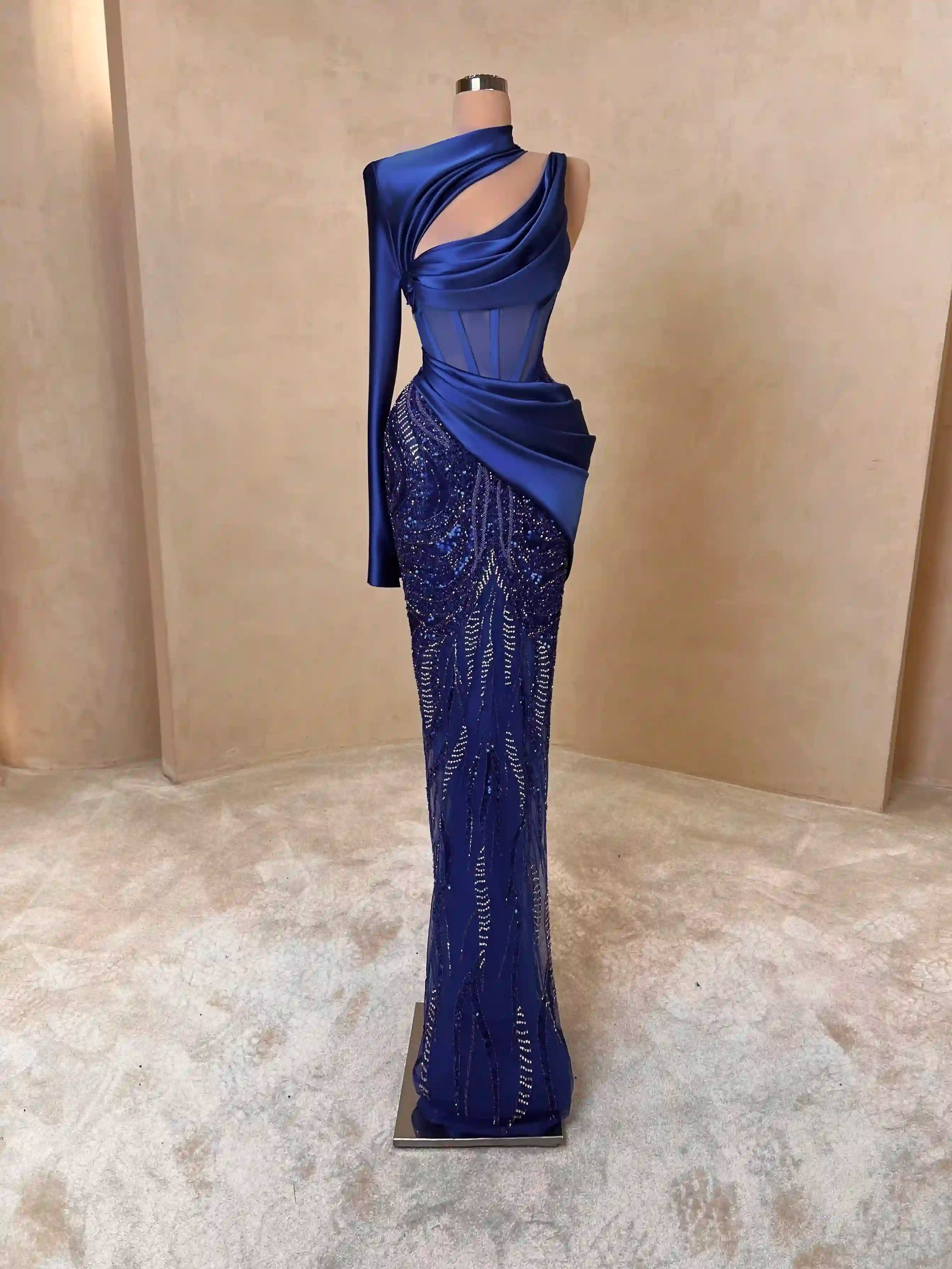 Royal Blue Sequin One-Shoulder Gown with Cape VALDRIN SAHITI Royal Blue Sequin One-Shoulder Gown with Cape VALDRIN SAHITI