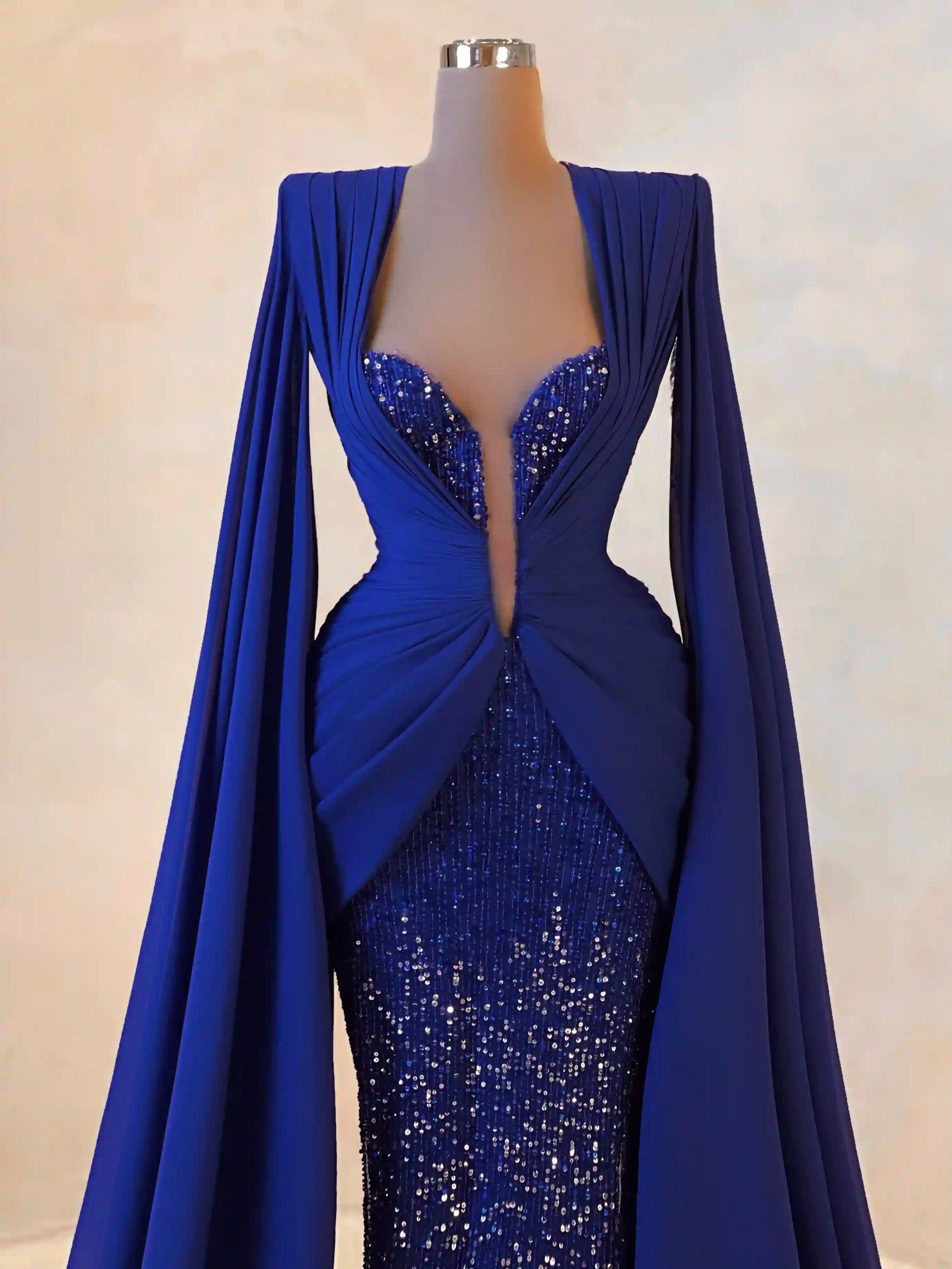 Royal Blue Sequin One-Shoulder Gown with Cape VALDRIN SAHITI Royal Blue Sequin One-Shoulder Gown with Cape VALDRIN SAHITI