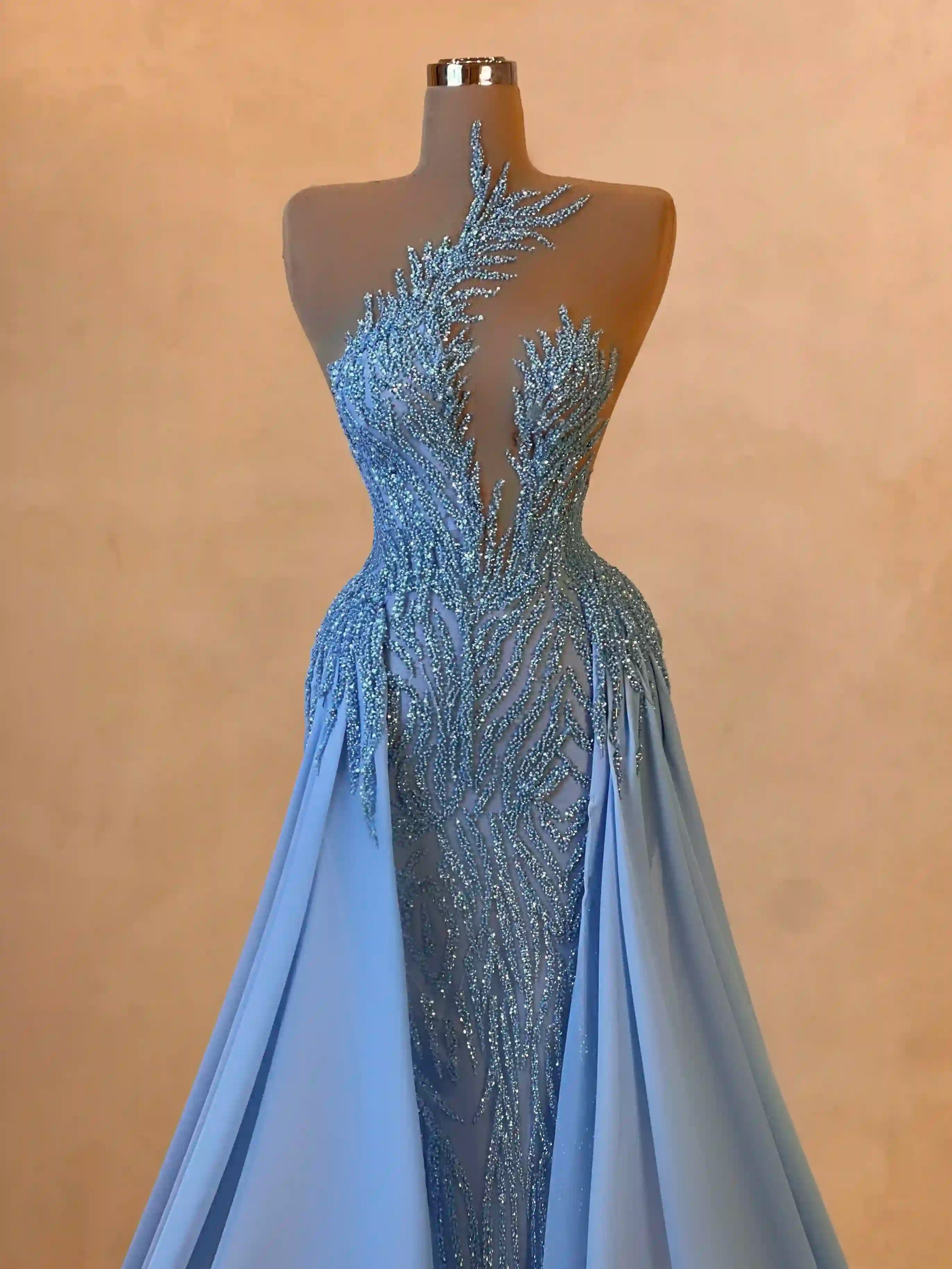 Periwinkle Sheer Embellished Gown with Draped Panel VALDRIN SAHITI Periwinkle Sheer Embellished Gown with Draped Panel VALDRIN SAHITI