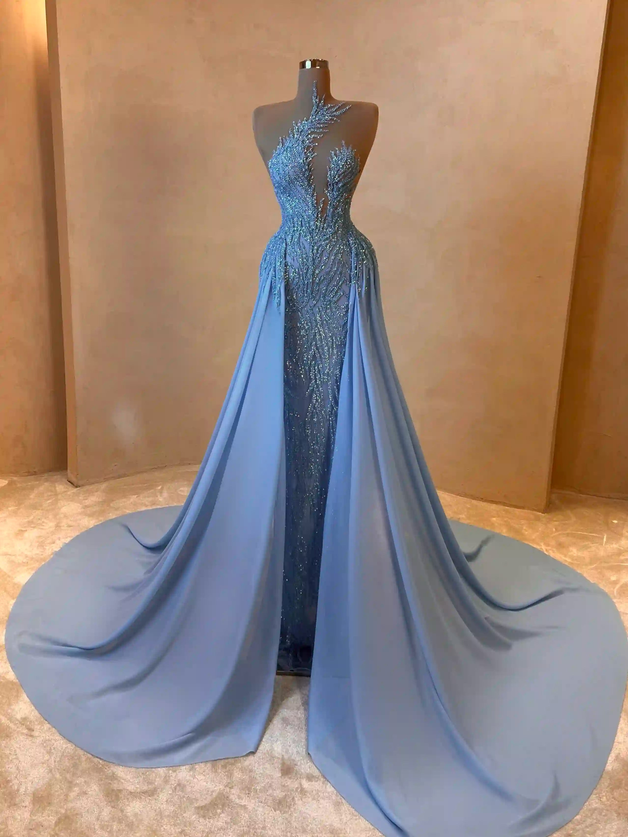 Periwinkle Sheer Embellished Gown with Draped Panel – VALDRIN SAHITI