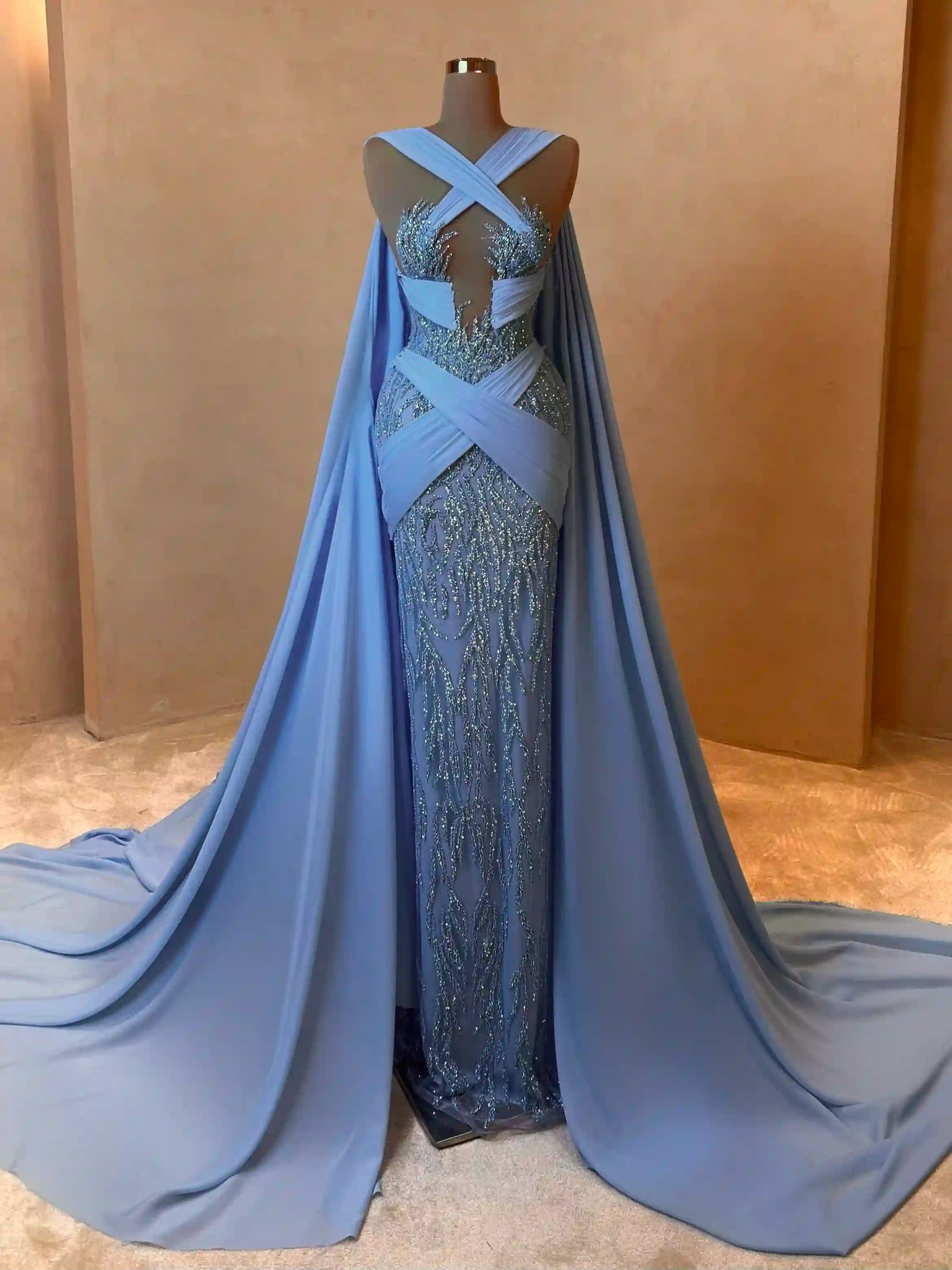 Periwinkle Sheer Embellished Gown with Draped Panel VALDRIN SAHITI Periwinkle Sheer Embellished Gown with Draped Panel VALDRIN SAHITI