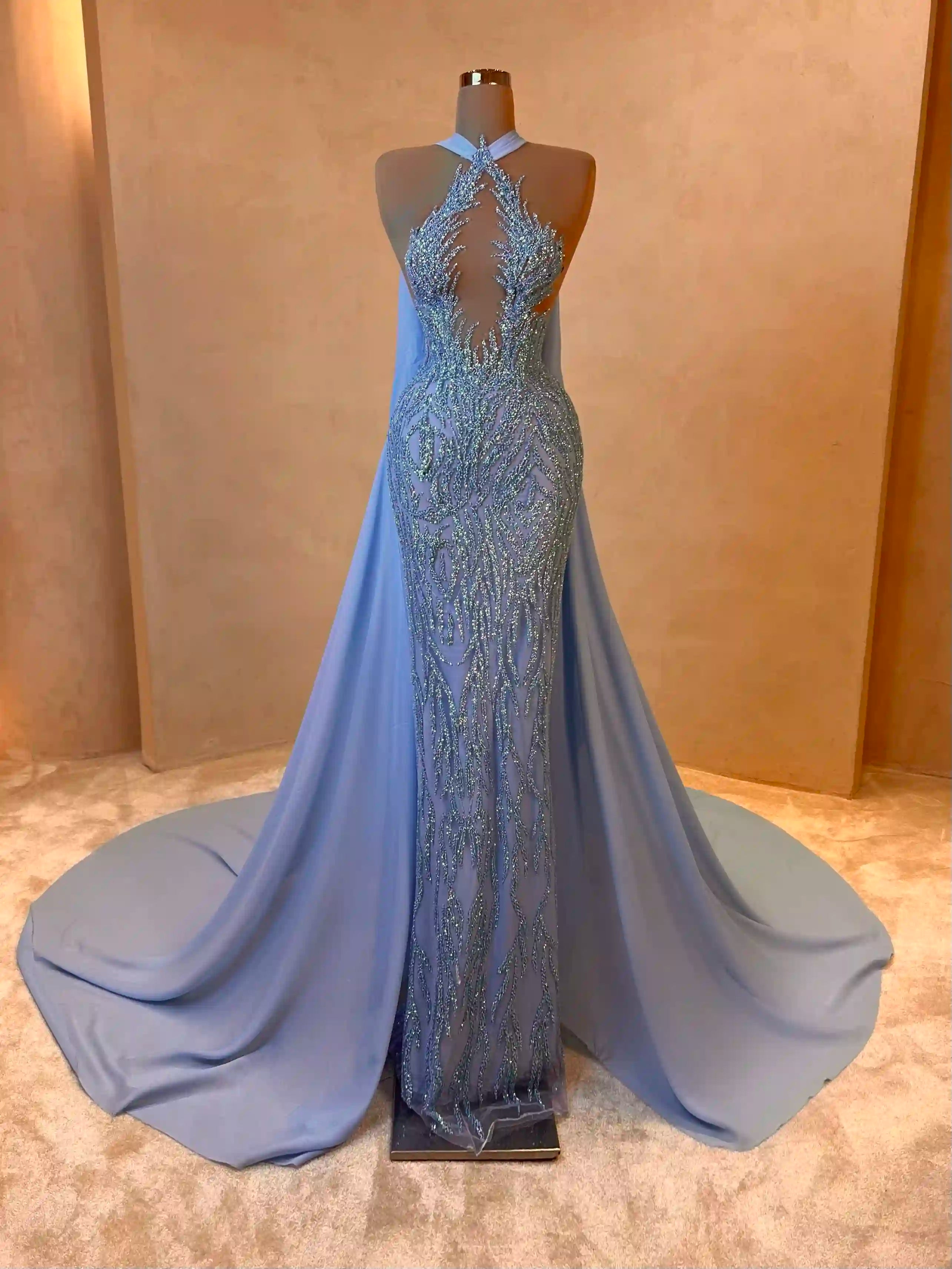 Periwinkle Sheer Embellished Gown with Draped Panel VALDRIN SAHITI Periwinkle Sheer Embellished Gown with Draped Panel VALDRIN SAHITI