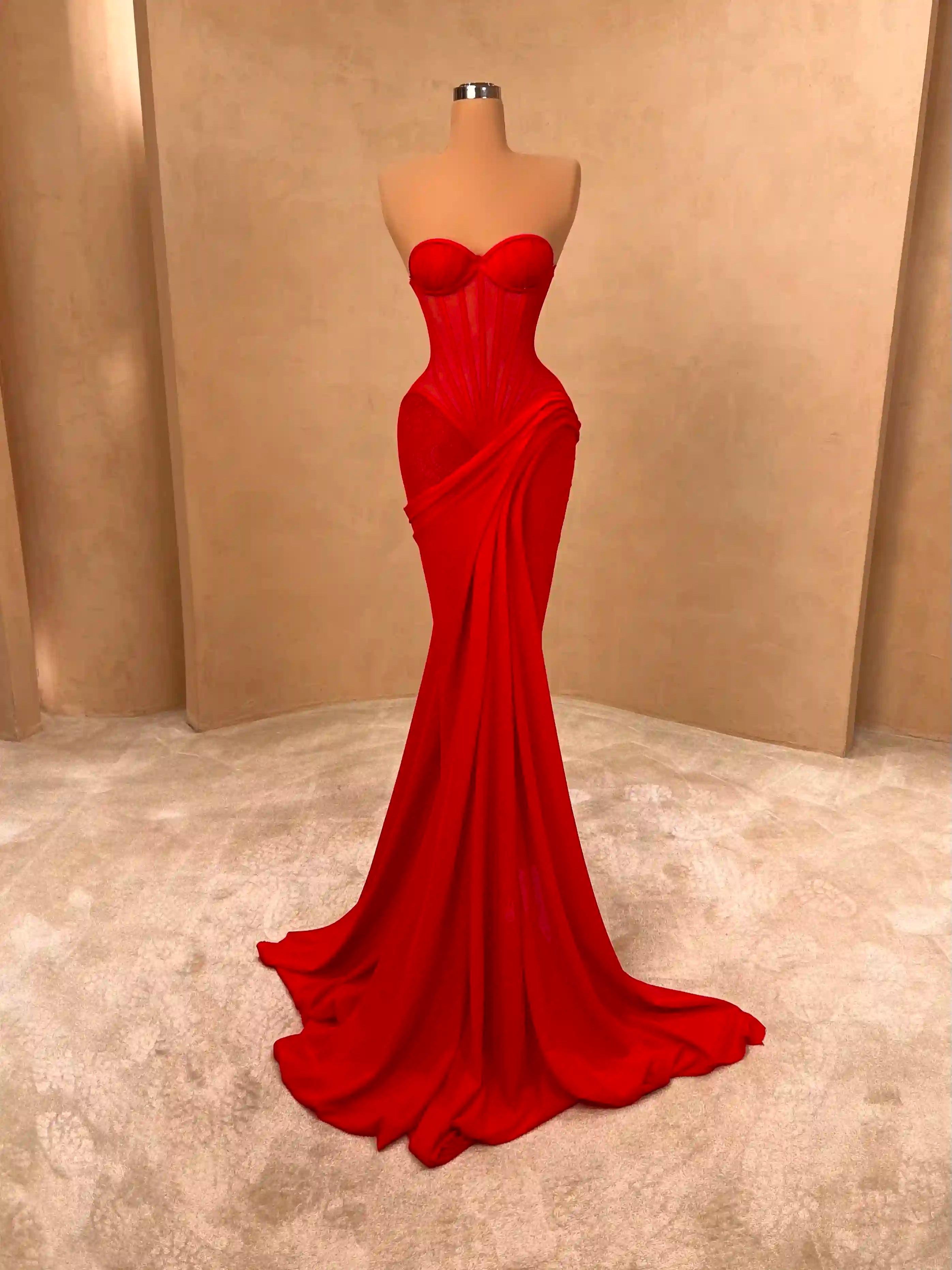 Red Sweetheart Gown with Rosette VALDRIN SAHITI Red Sweetheart Gown with Rosette VALDRIN SAHITI