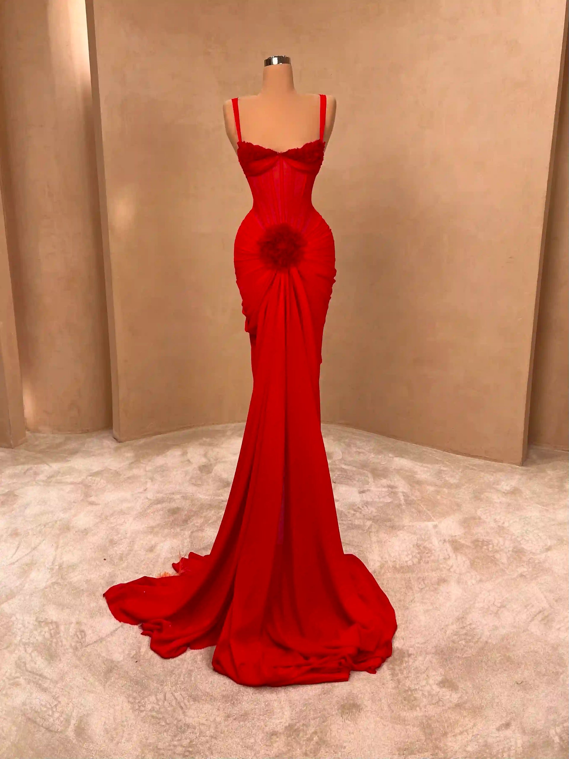 Red Sweetheart Gown with Rosette – VALDRIN SAHITI