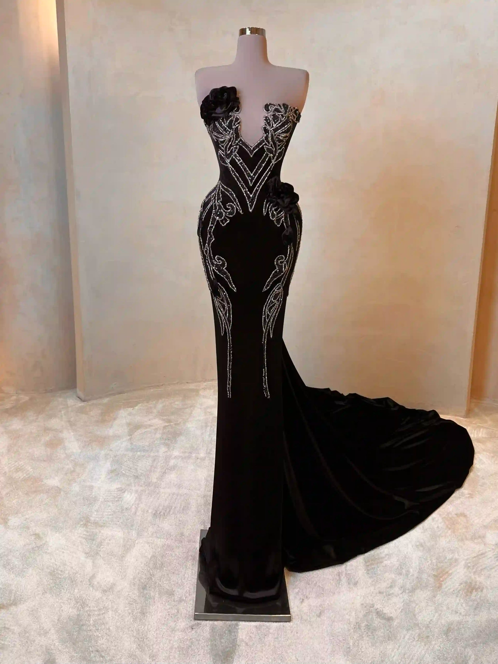 Black Embroidered Gown with Silver Accents – VALDRIN SAHITI