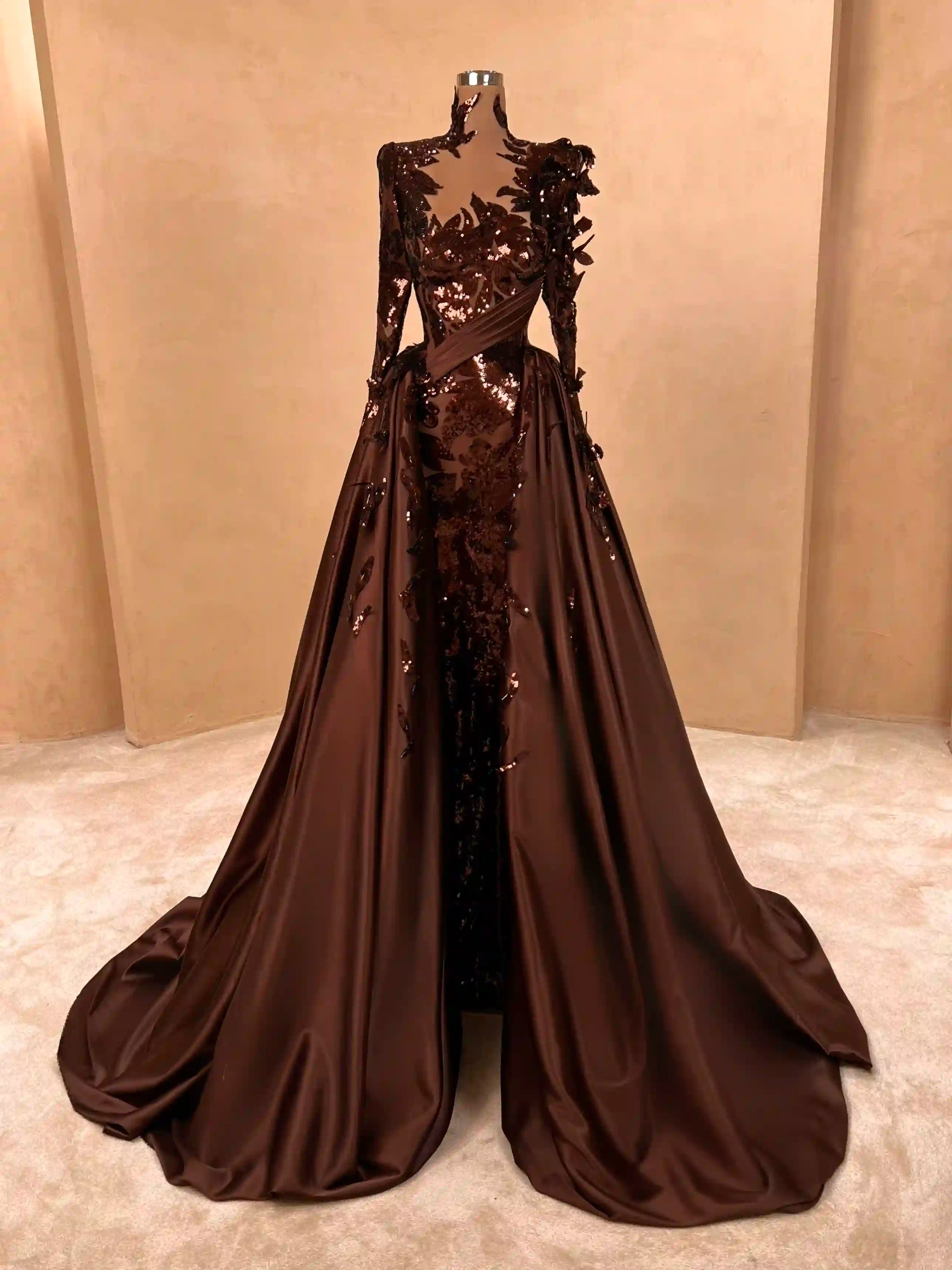 Brown Floral Appliqué One-Shoulder Gown – VALDRIN SAHITI