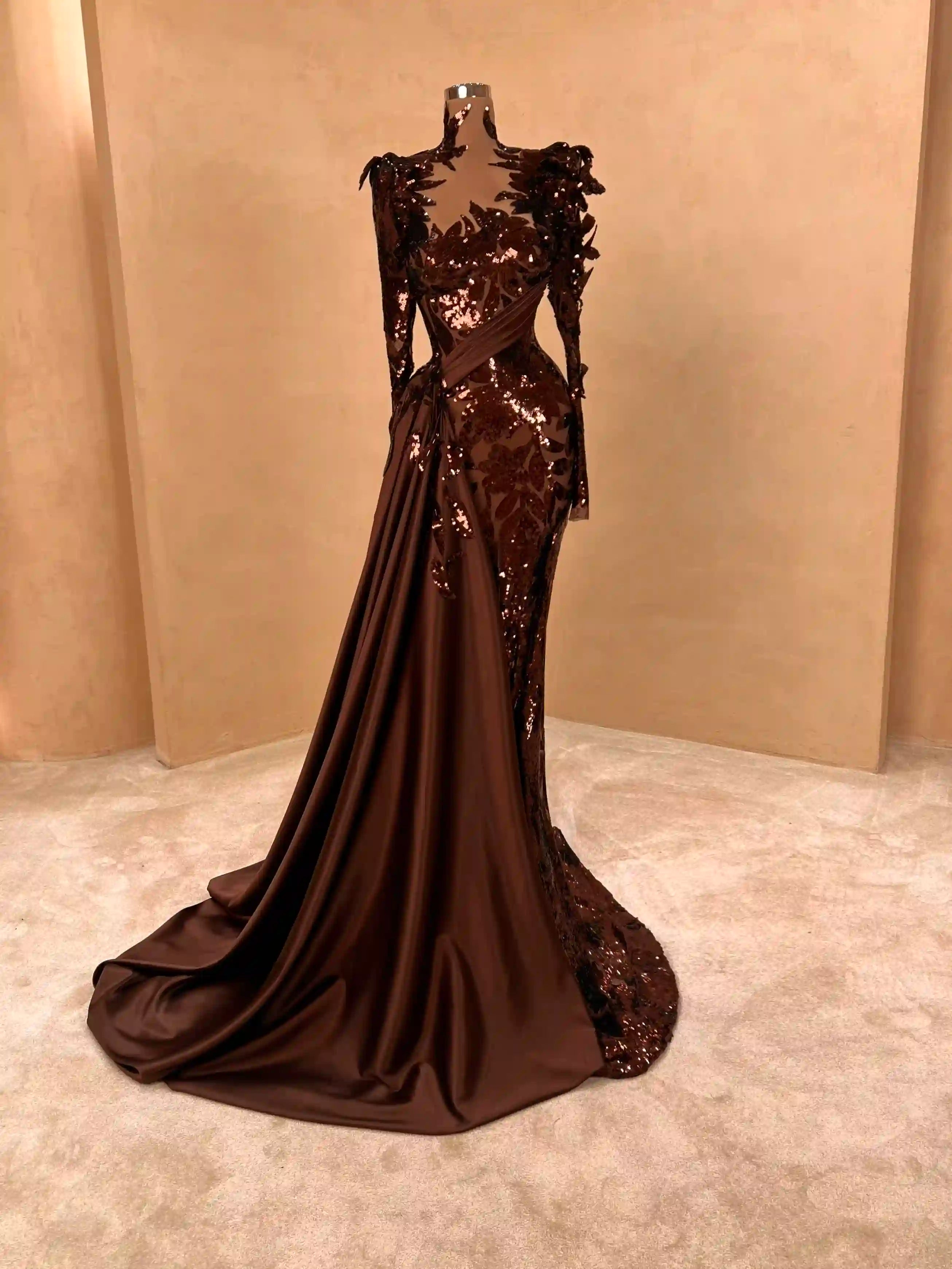 brown applique dress Women's Chocolate Flower Applique Long Sleeve Crochet Maxi Dress