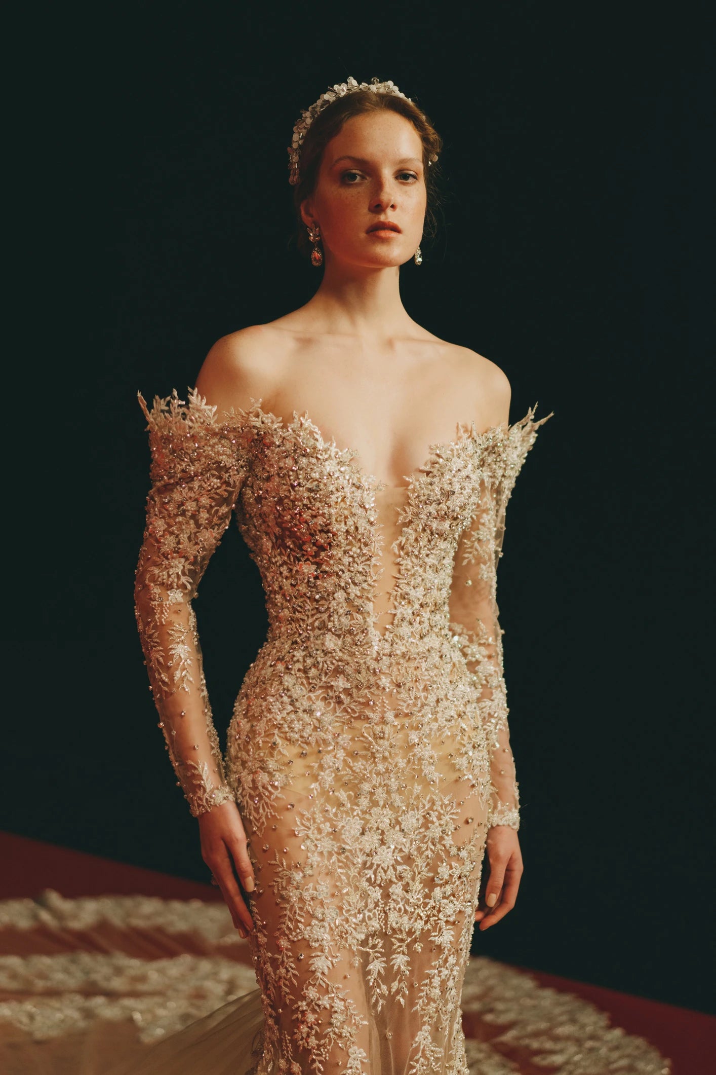 valdrin sahiti gold dress Gold Embellished Illusion Evening Gown
