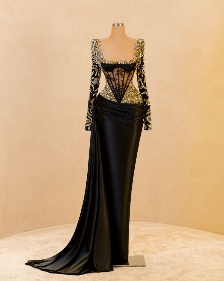 green emerald velvet dress Black Gold Modest Maxi Fitted Gala Formal Evening Dress EN5010 Size 20W / Black/Gold main image 0