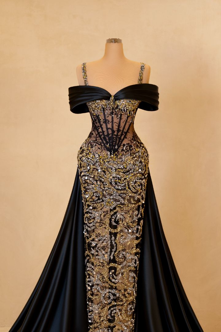 Black & Gold Embroidered Corset Gown with Cape VALDRIN SAHITI Black & Gold Embroidered Corset Gown with Cape VALDRIN SAHITI