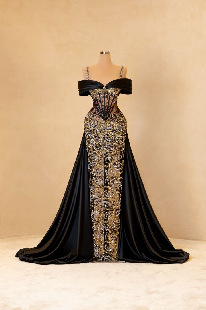 Black & Gold Embroidered Corset Gown with Cape VALDRIN SAHITI Black & Gold Embroidered Corset Gown with Cape VALDRIN SAHITI
