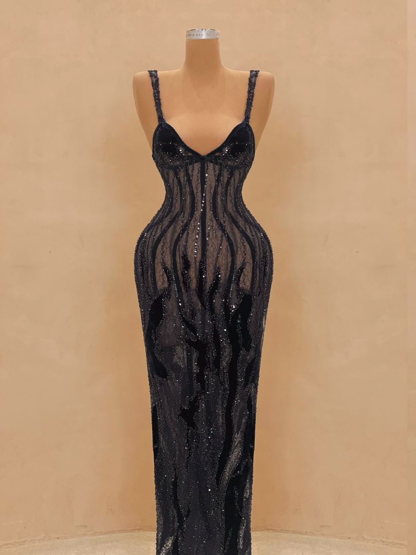 Black Illusion Gown with Navy Velvet Embroidery – VALDRIN SAHITI