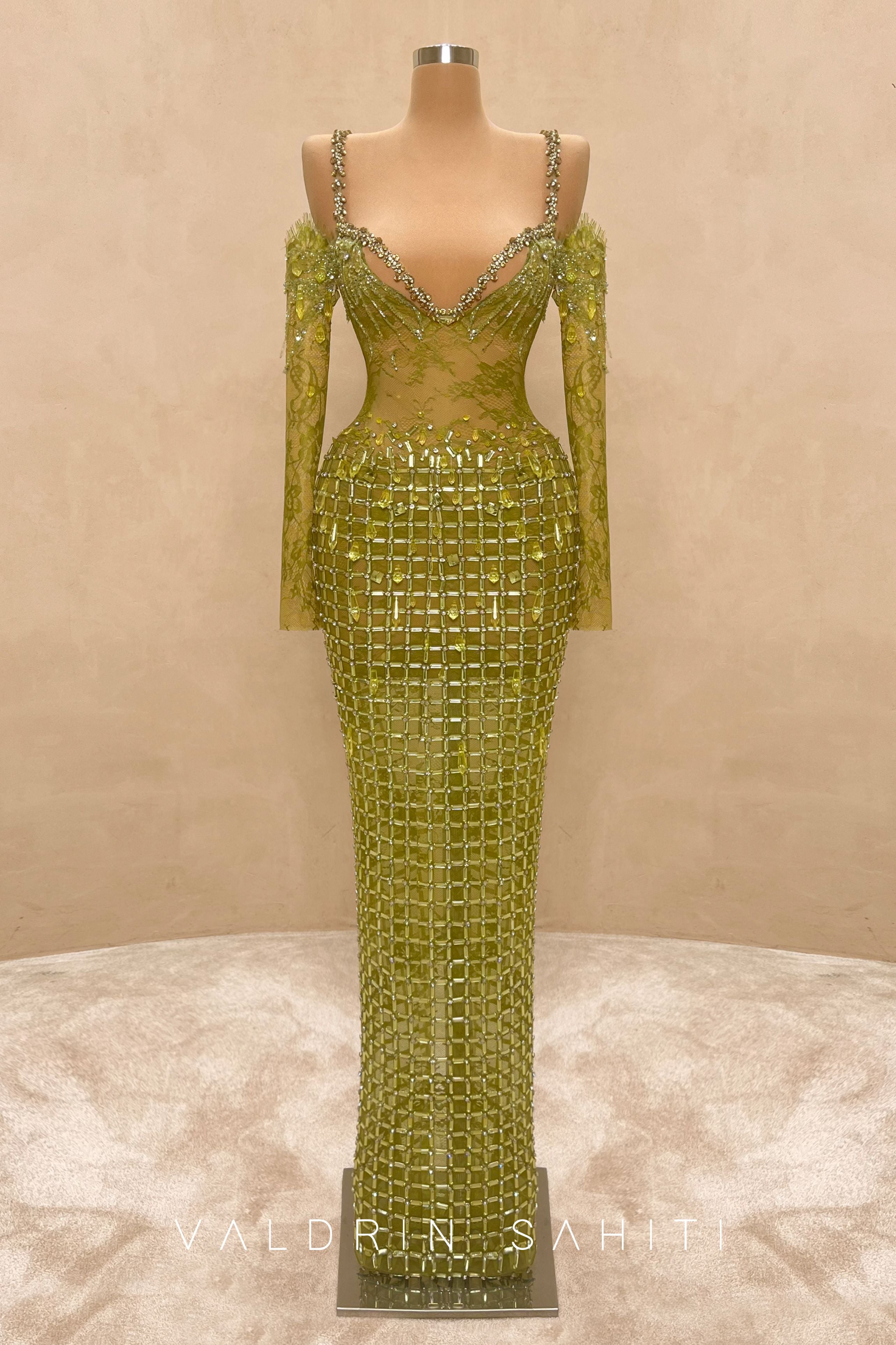 Lime Green Crystal Evening Gown with Draped Cape Couture Formal Dress VALDRIN SAHITI Lime Green Crystal Evening Gown with Draped Cape Couture Formal Dress VALDRIN SAHITI