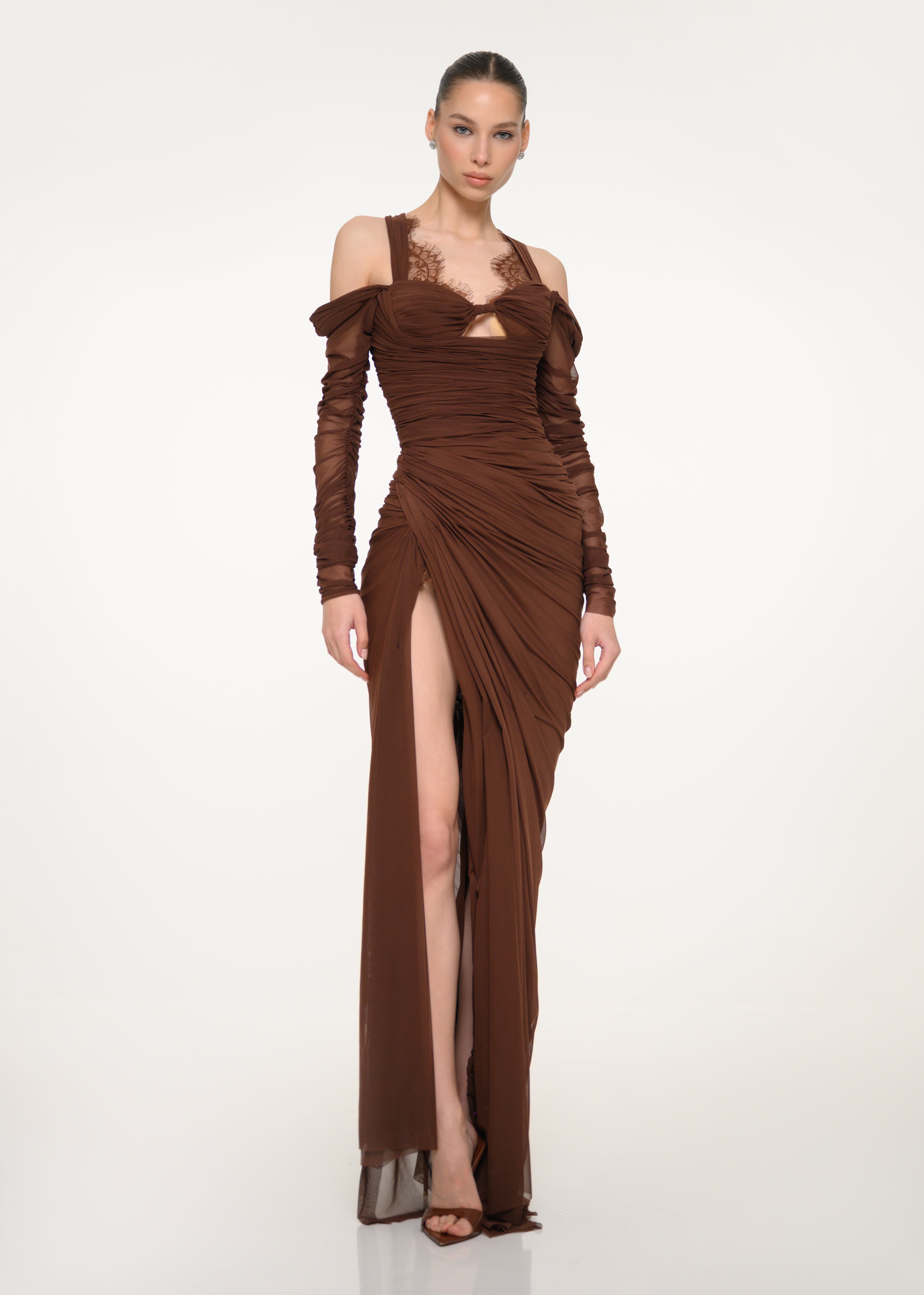 Brown Draped Long-Sleeve Dress