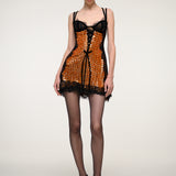 Orange Sequin Mini Dress with Black Lace Trim