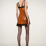 Orange Sequin Mini Dress with Black Lace Trim