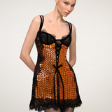Orange Sequin Mini Dress with Black Lace Trim