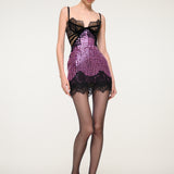 Purple Sequin Party Mini Dress with Black Lace