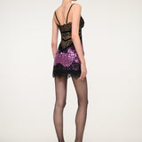 Purple Sequin Party Mini Dress with Black Lace