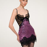 Purple Sequin Party Mini Dress with Black Lace