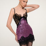 Purple Sequin Party Mini Dress with Black Lace